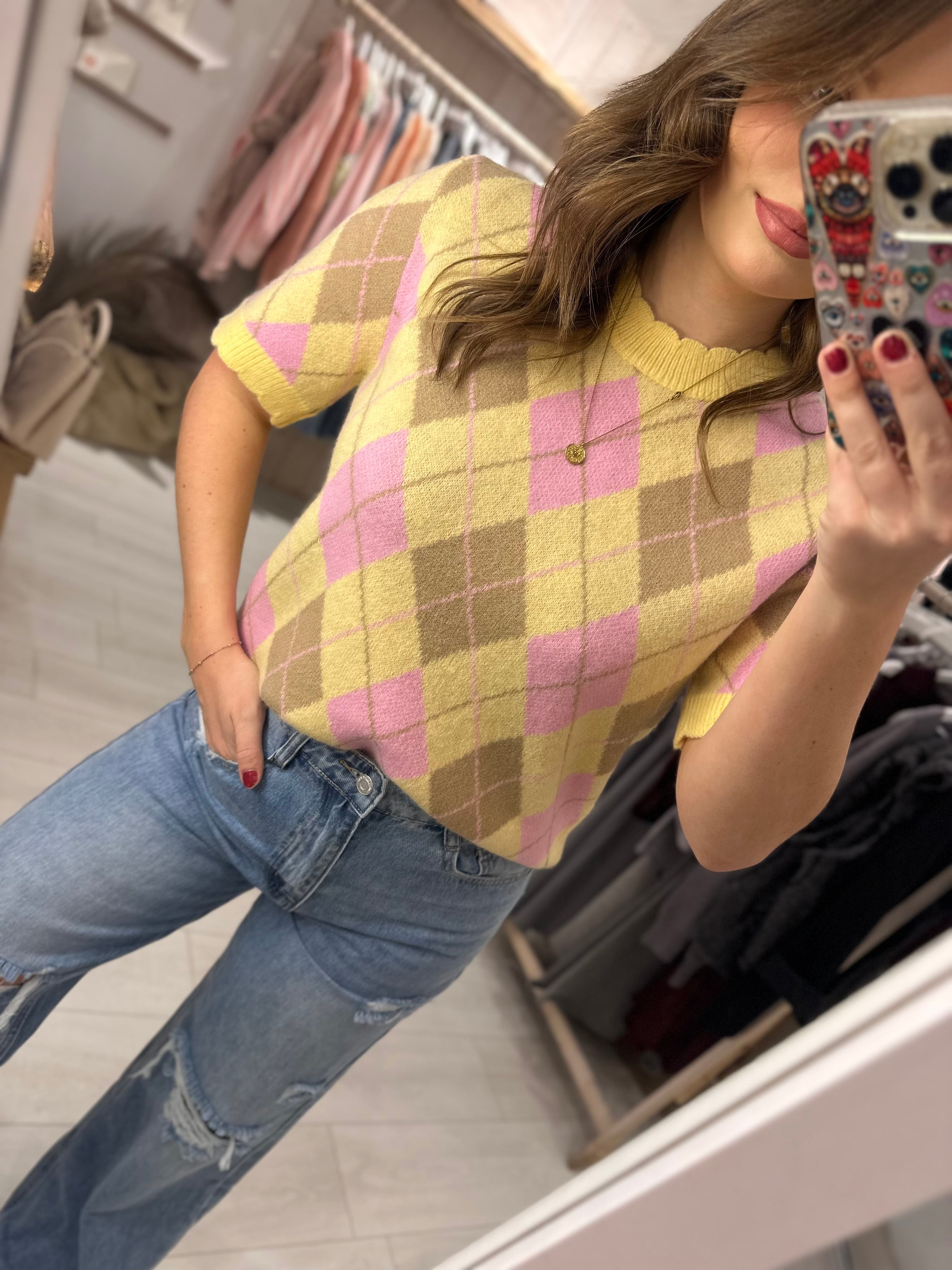 Pastel Argyle Short Sleeve Knit