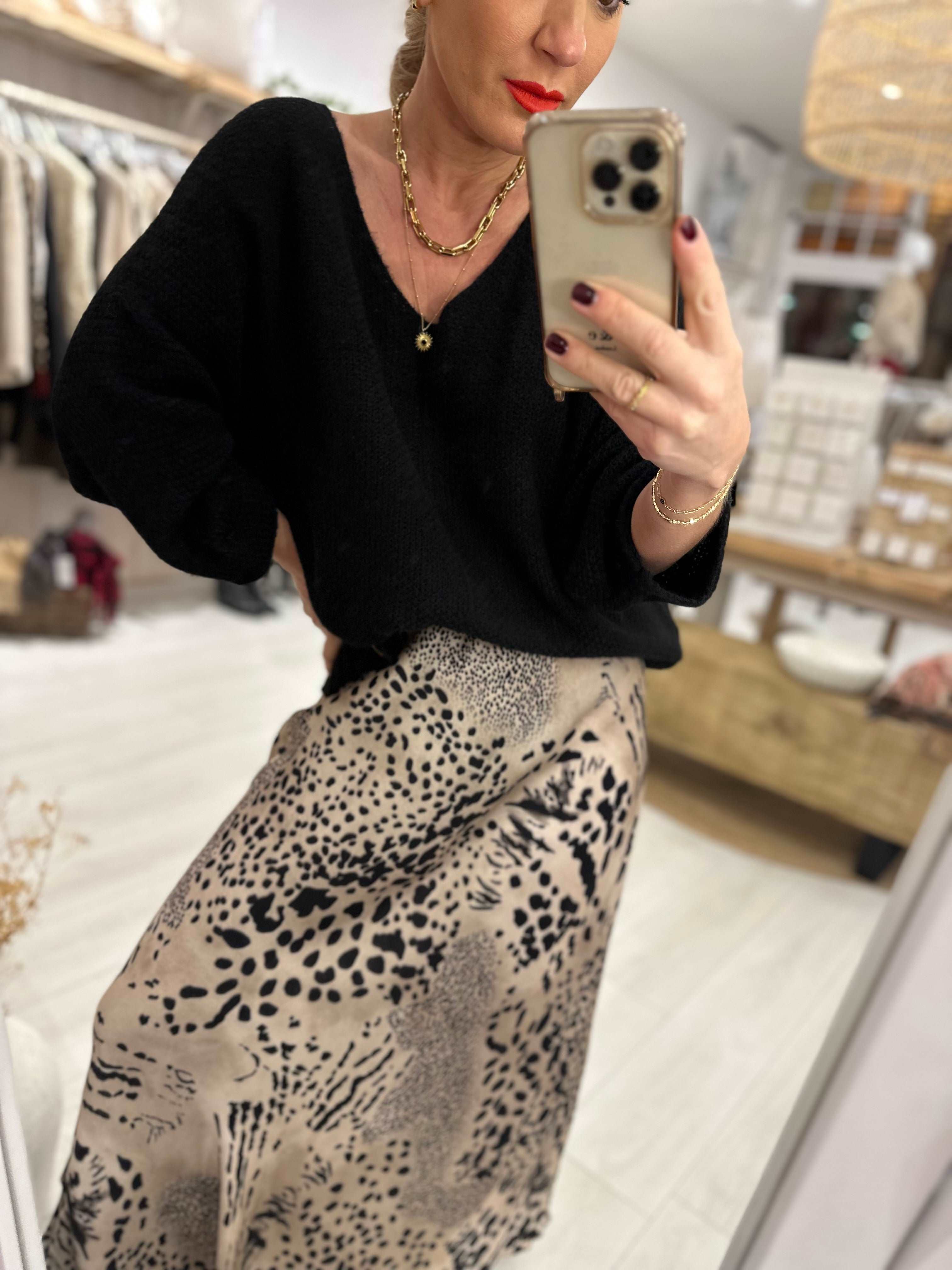 Lizzie Leopard Satin Midi Skirt