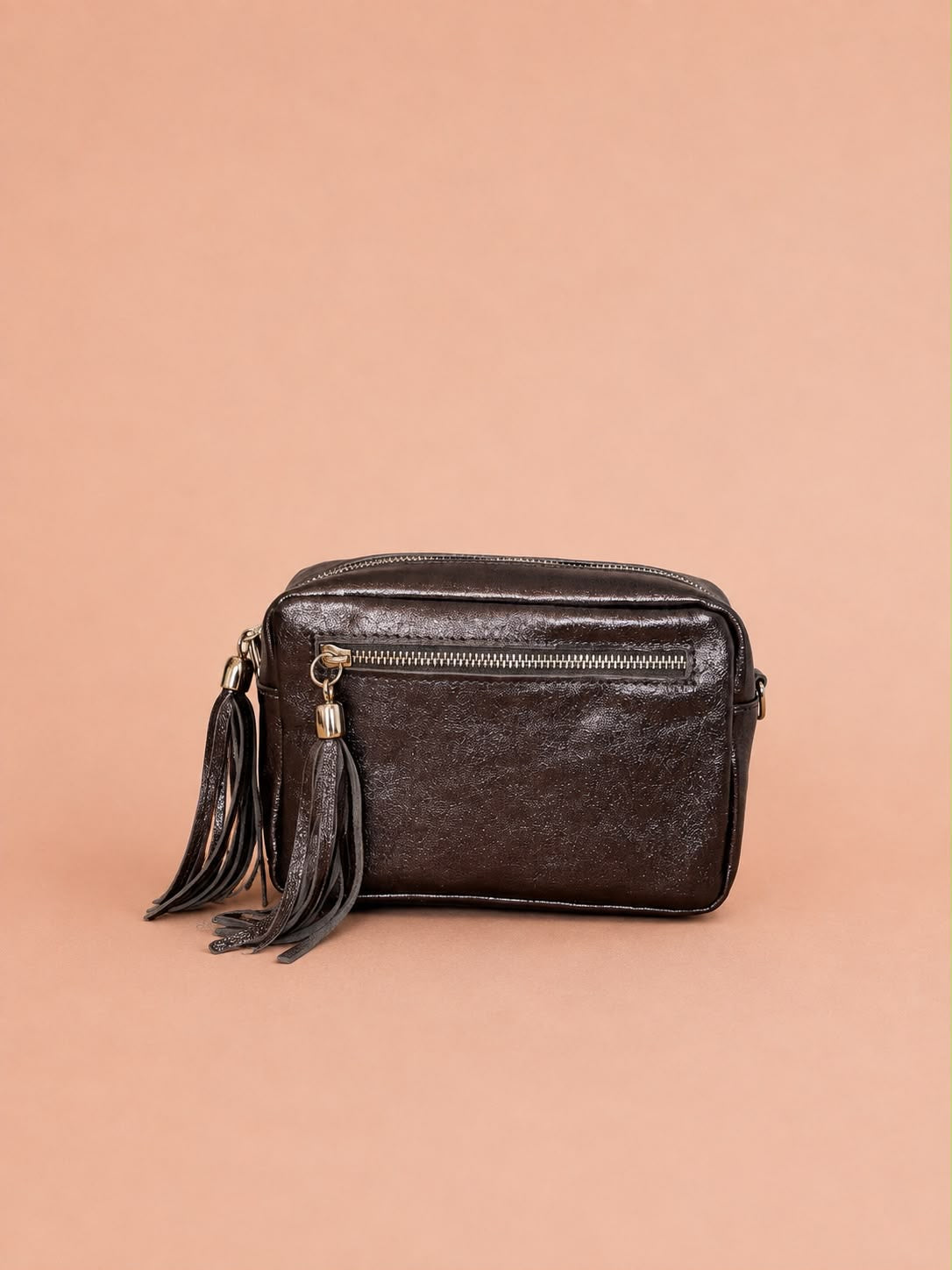 Metallic Leather Zip Front Camera Bag
