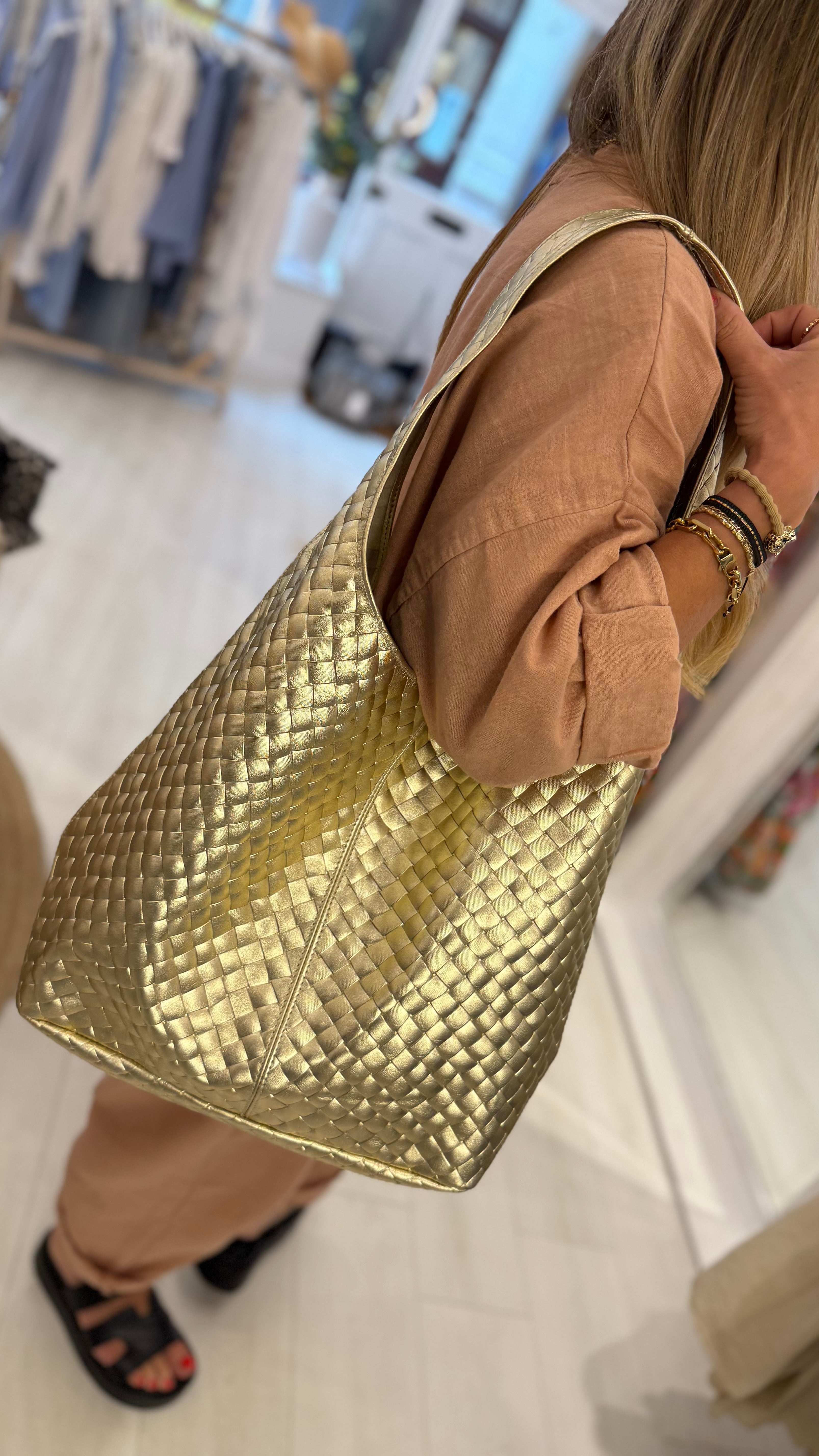 Oversized Woven Metallic Tote