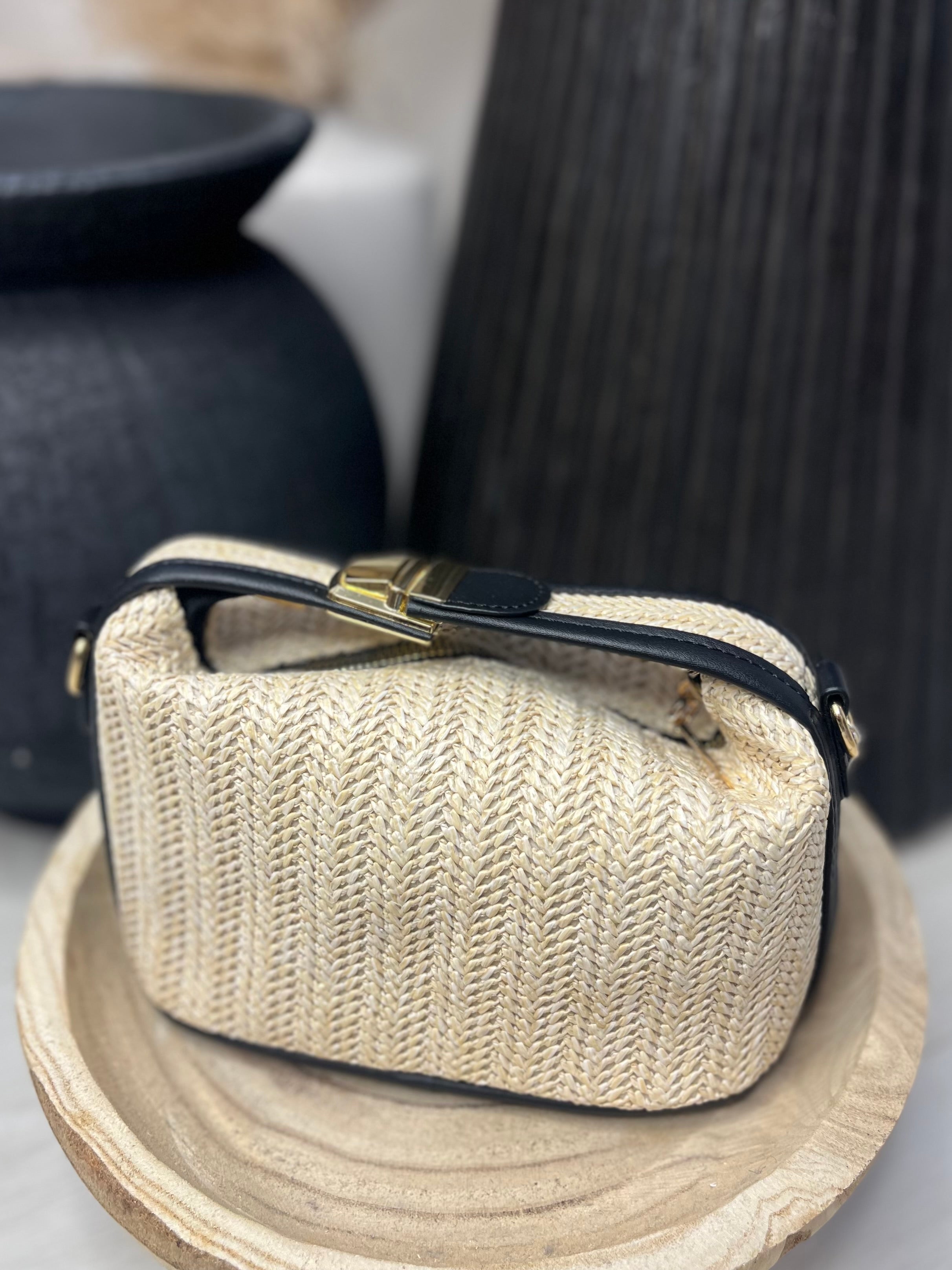 Straw Clutch with Gold Detailing