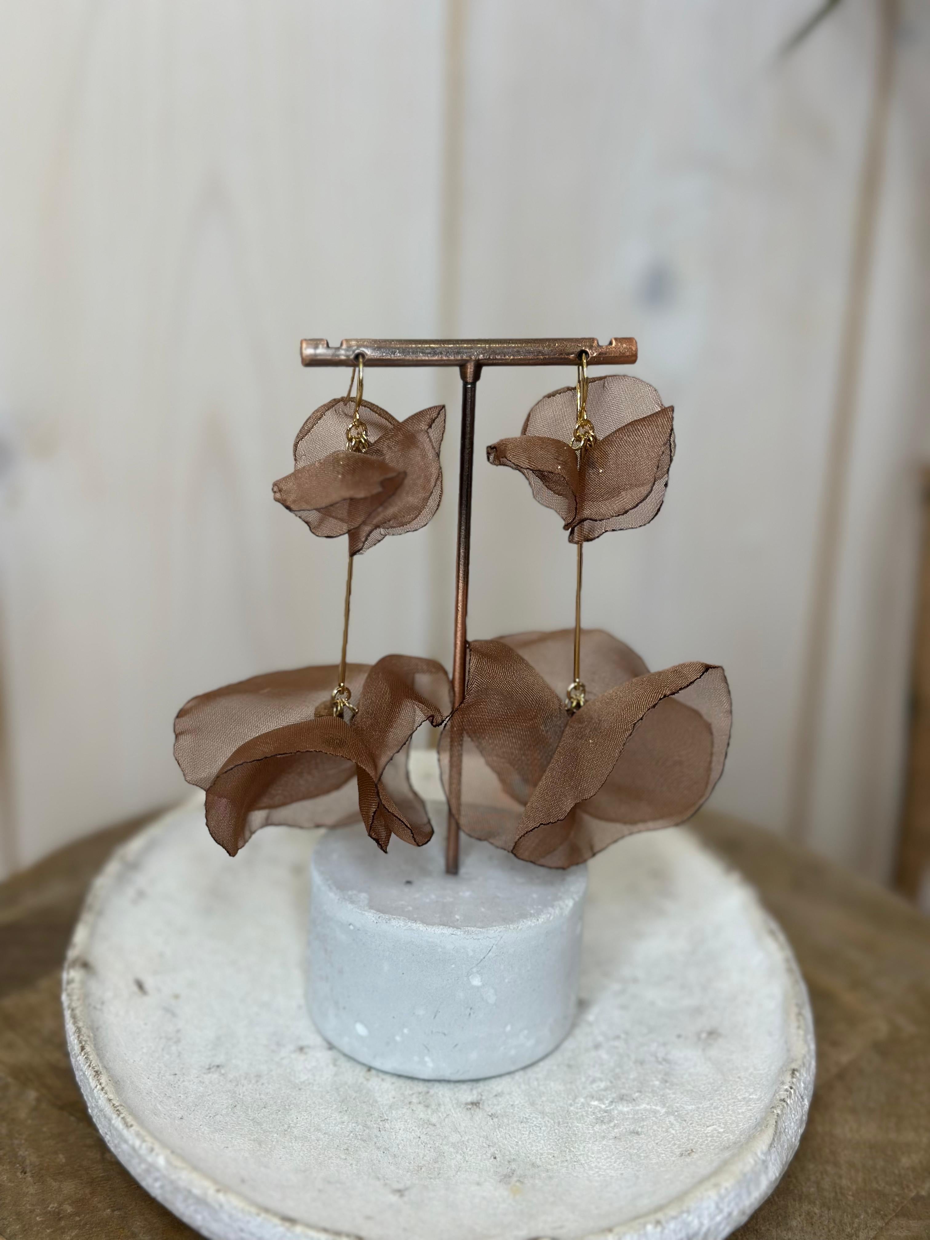 Sheer Fabric Flower EarringChocolate