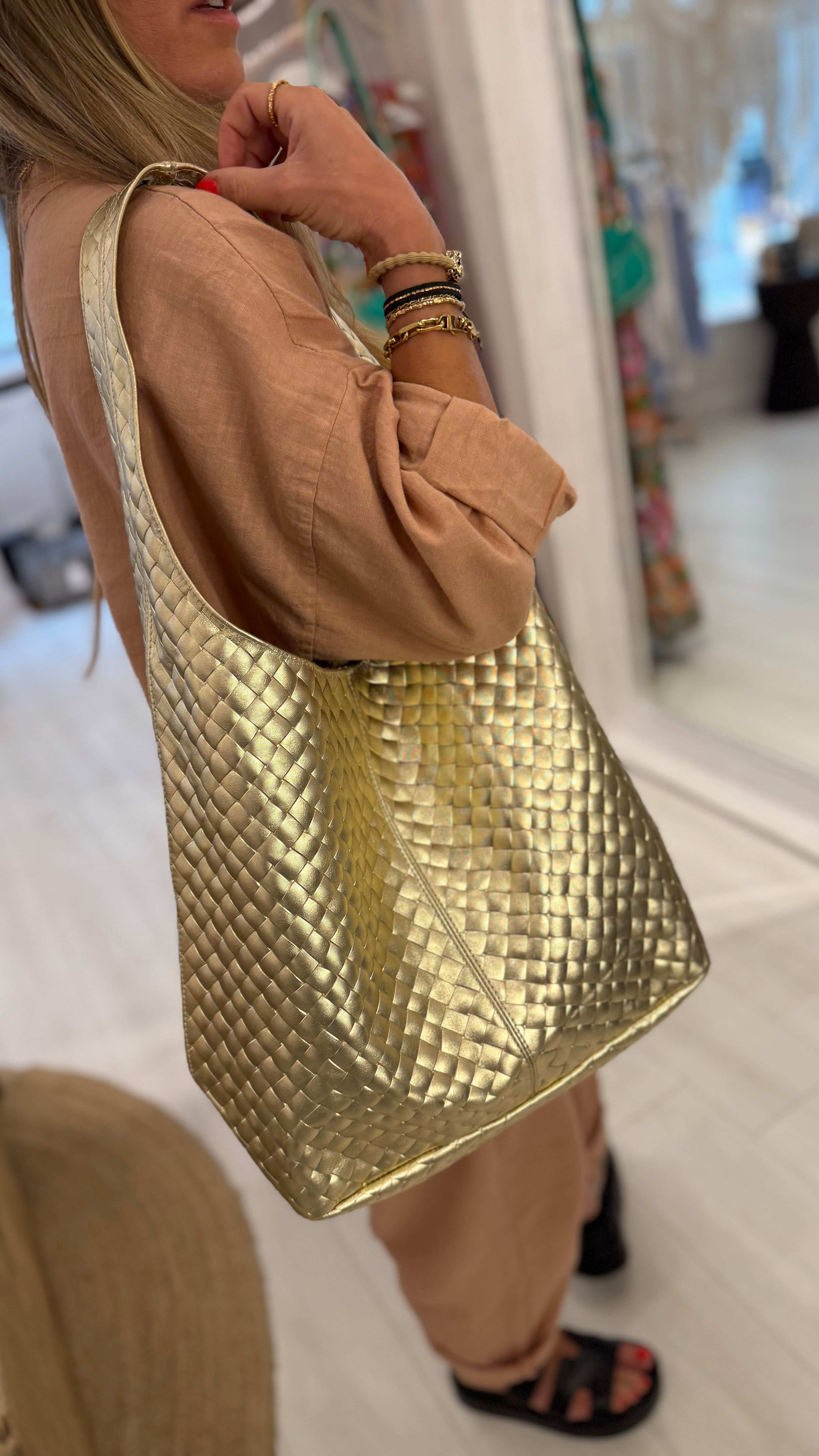 Oversized Woven Metallic Tote