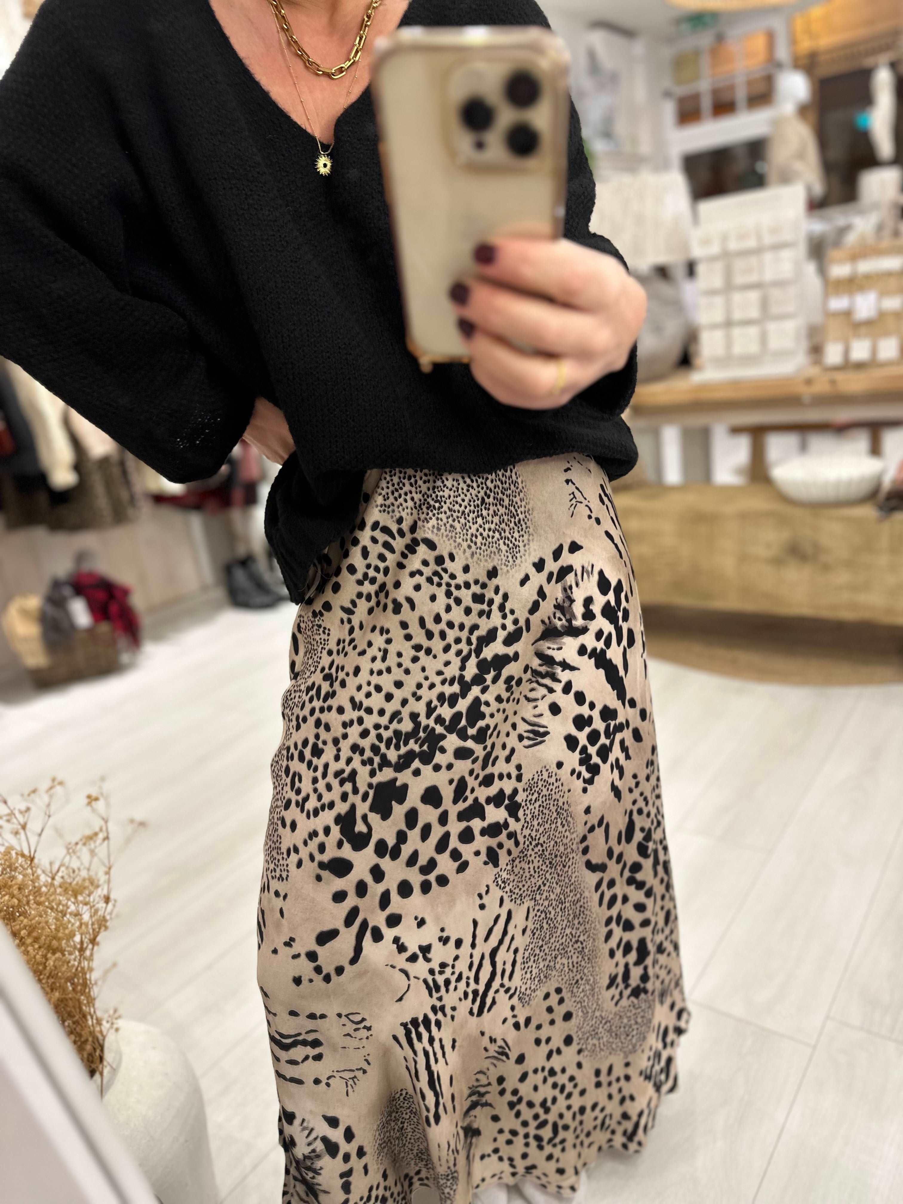 Lizzie Leopard Satin Midi Skirt