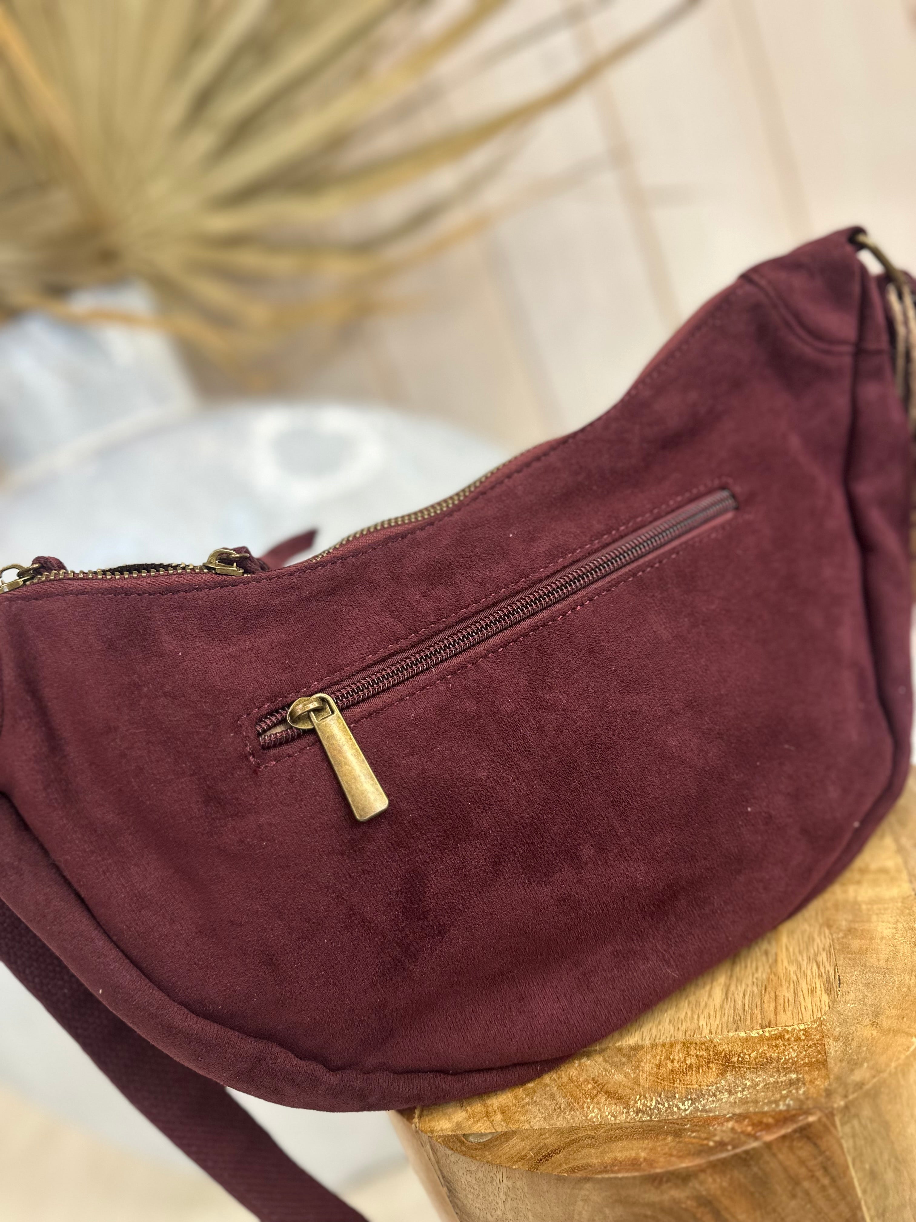 Faux Suede Half Moon Crossbody Bag