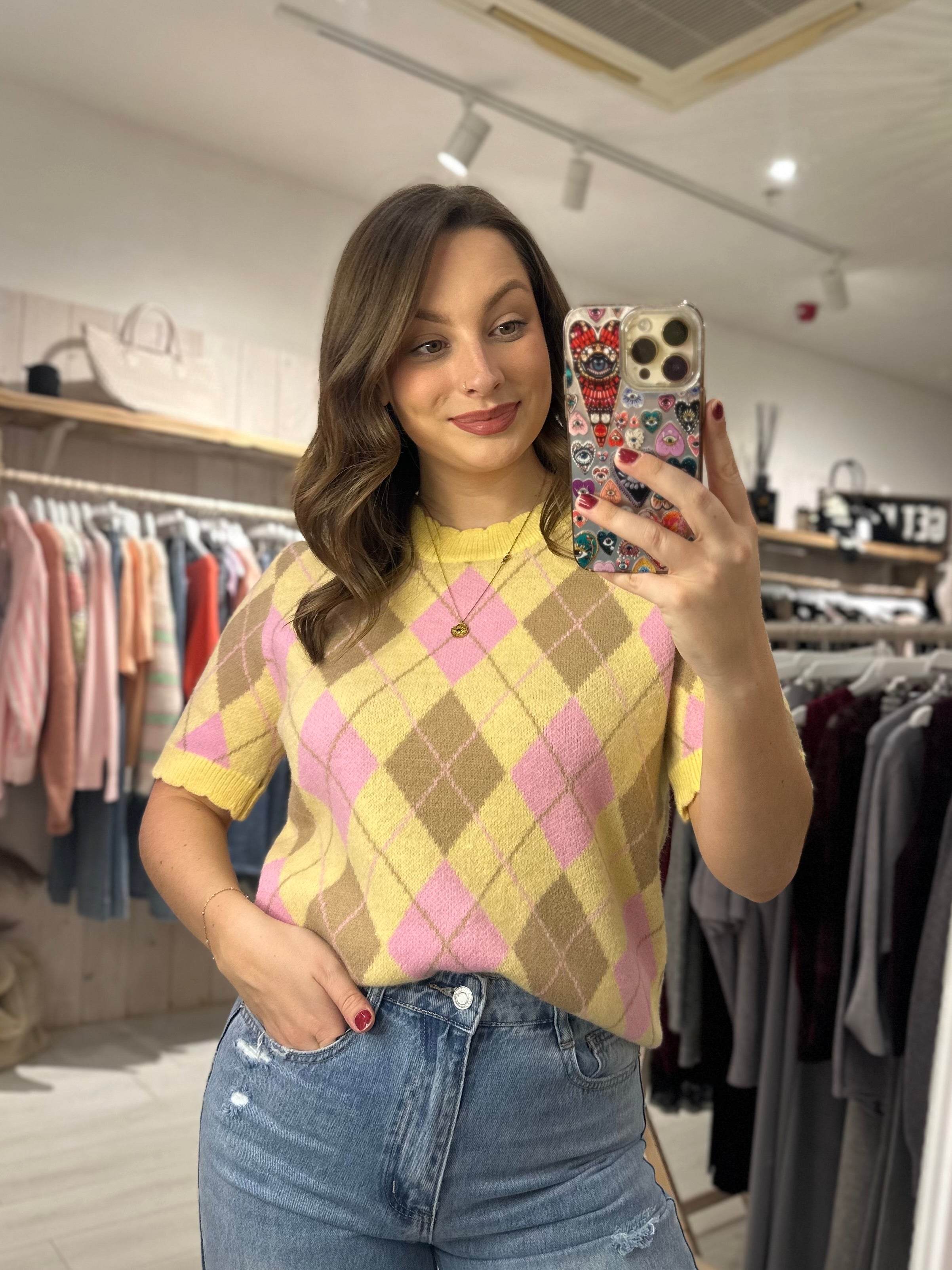 Pastel Argyle Short Sleeve Knit