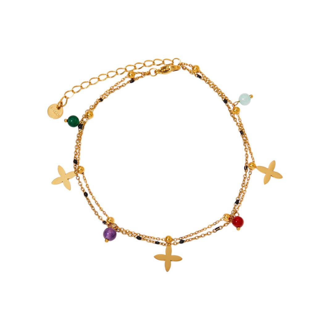 Flower & bead charm double chain bracelet