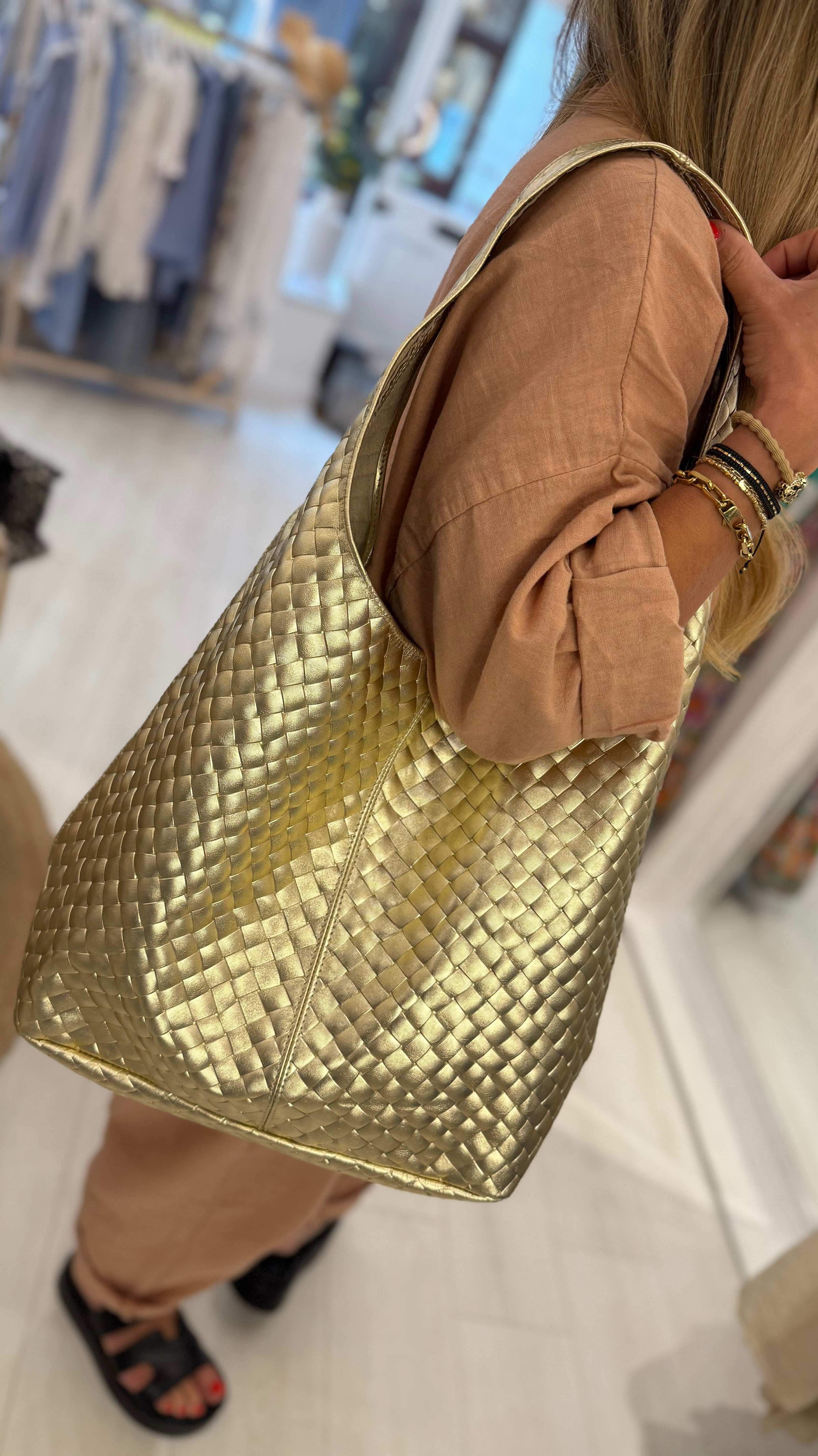 Oversized Woven Metallic Tote