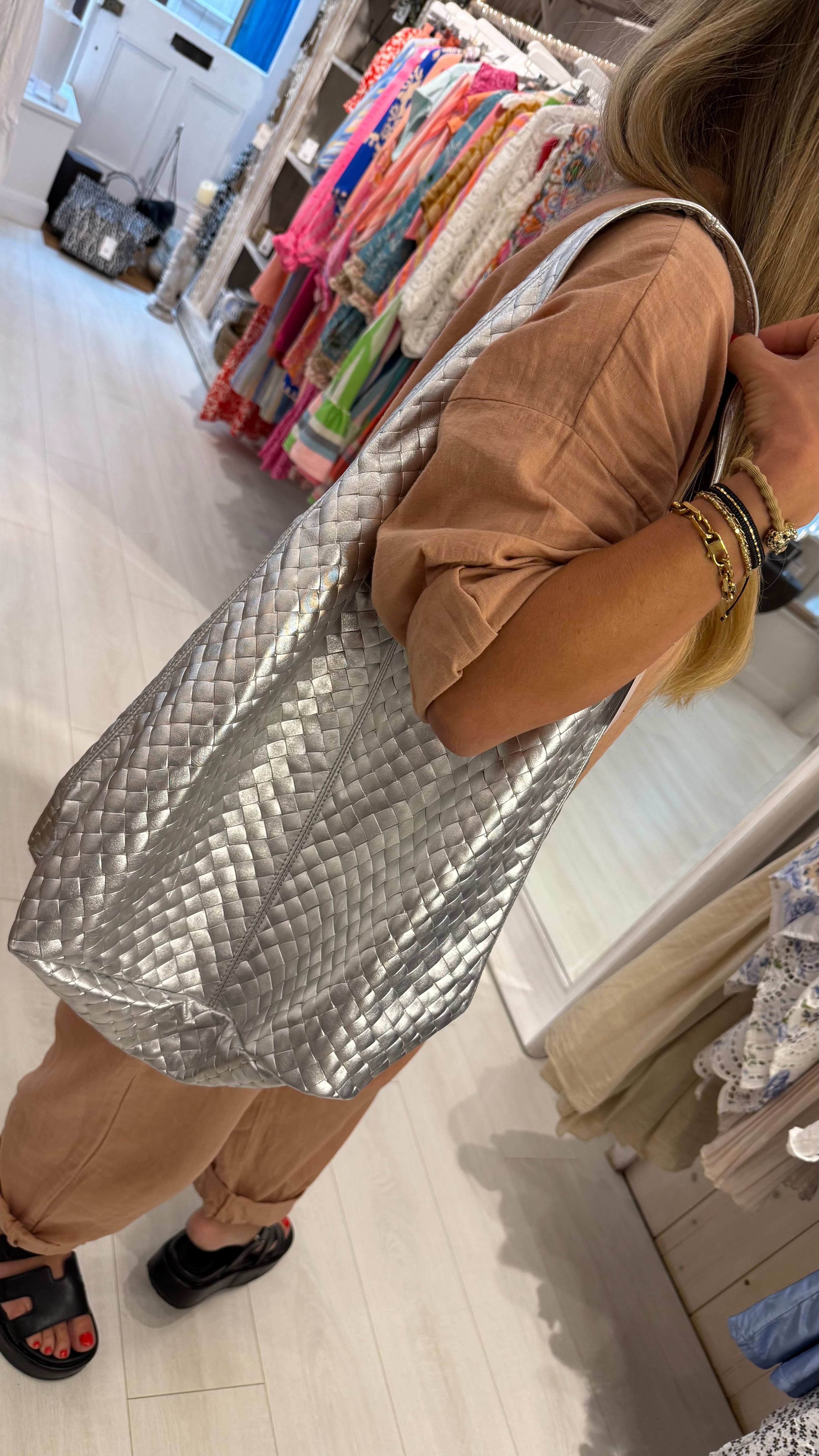 Oversized Woven Metallic Tote