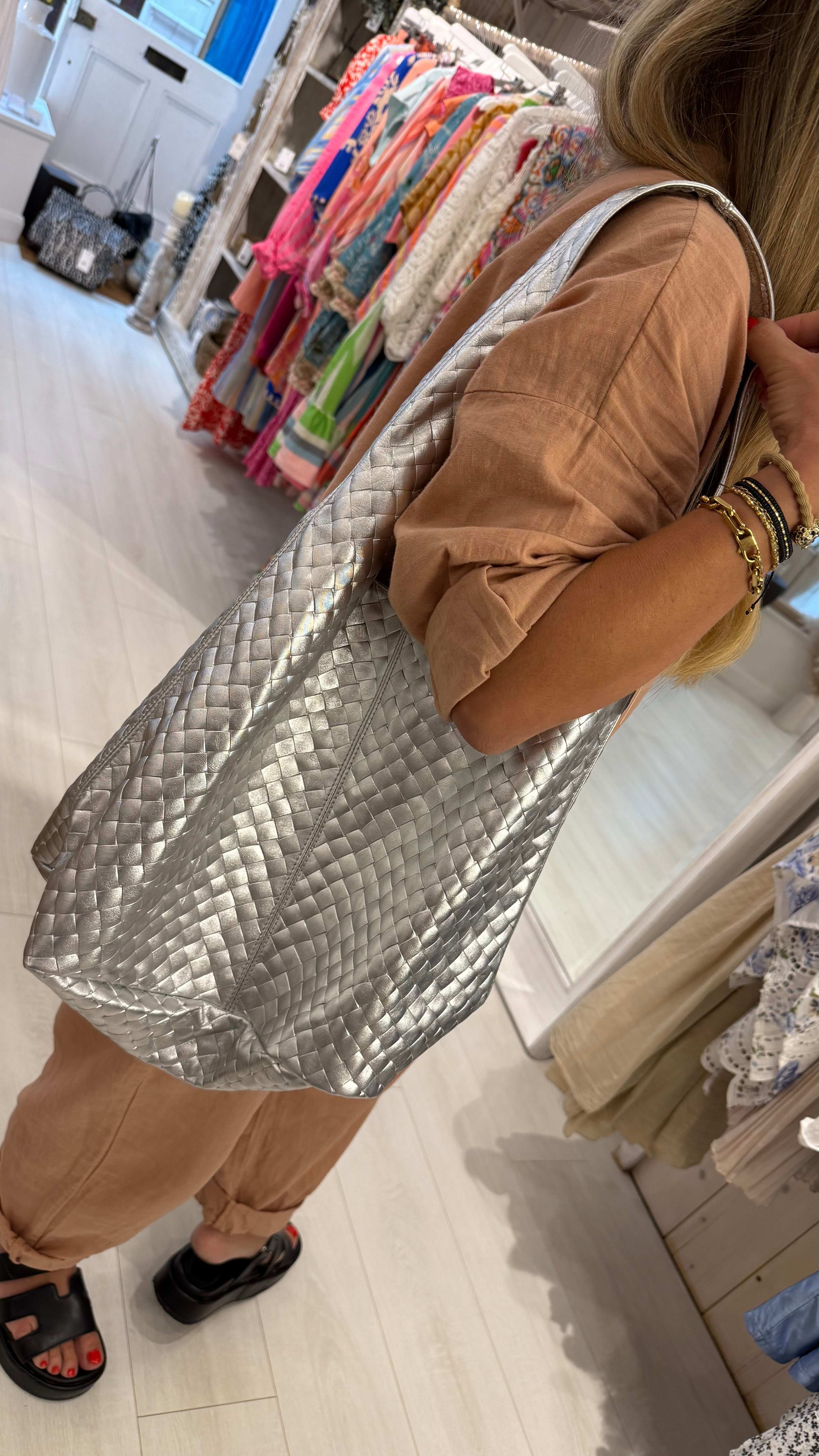 Oversized Woven Metallic Tote