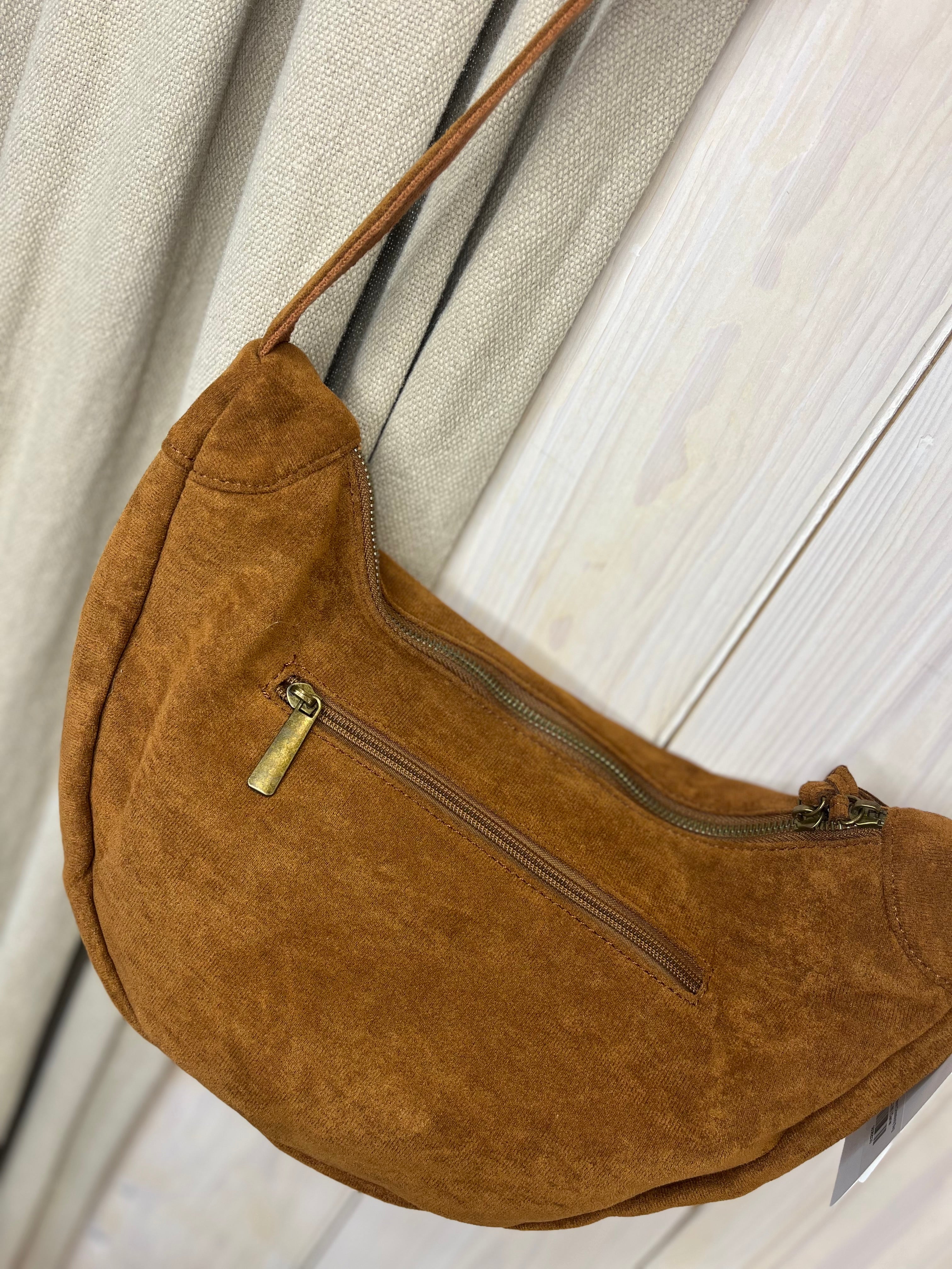 Faux Suede Half Moon Crossbody Bag