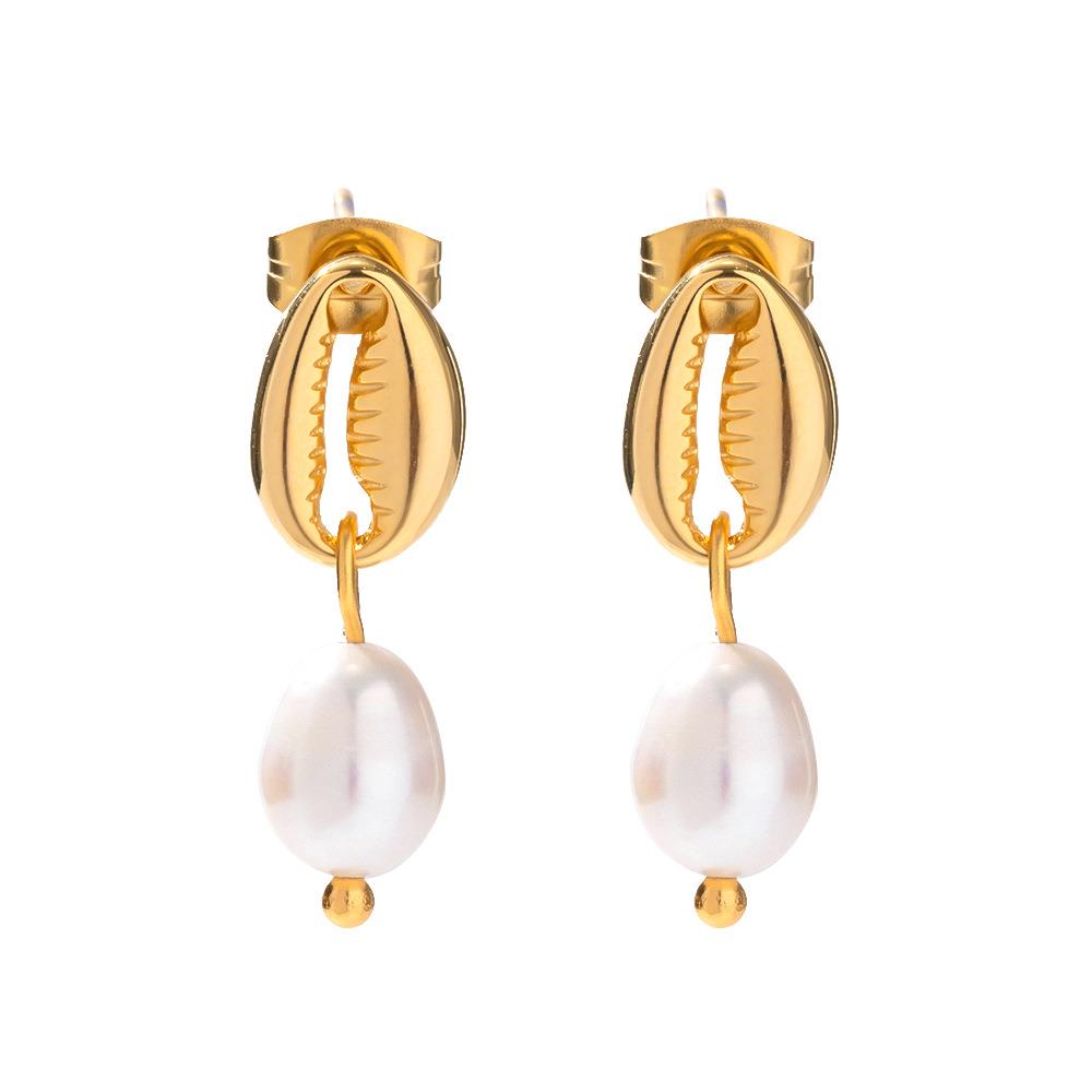 Cowrie shell & pearl drop earring