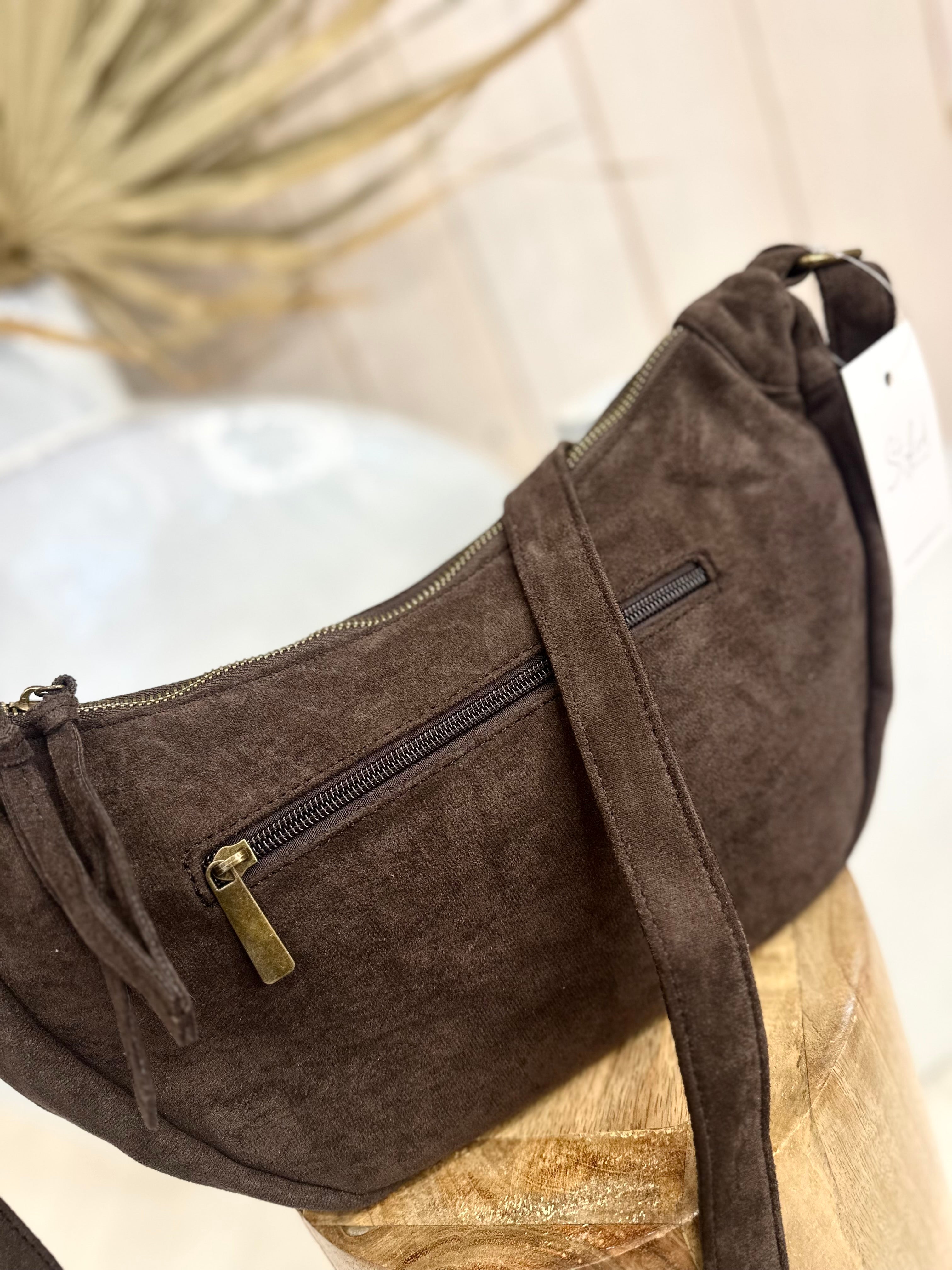 Faux Suede Half Moon Crossbody Bag