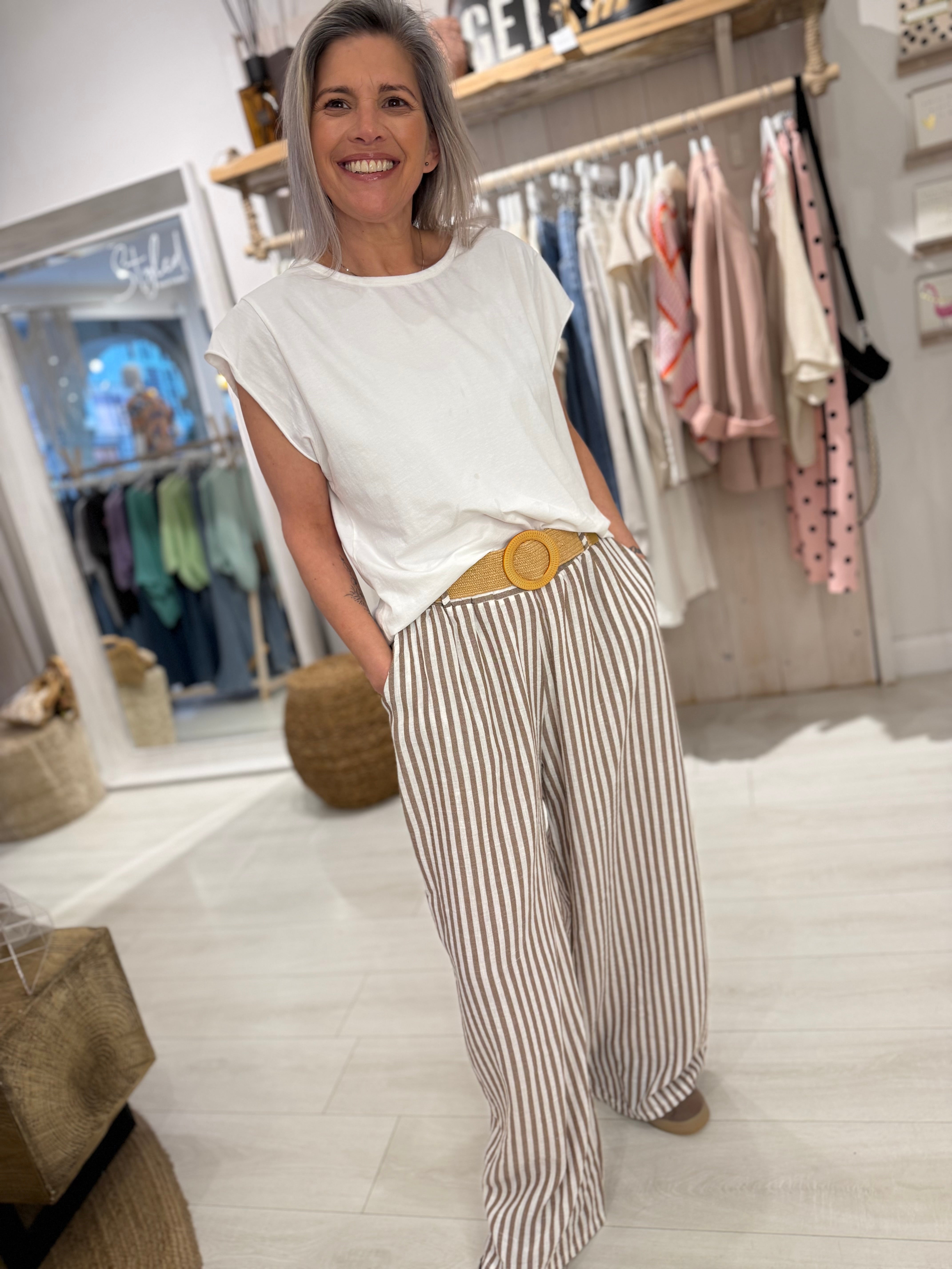 Belted Striped Wide Legs