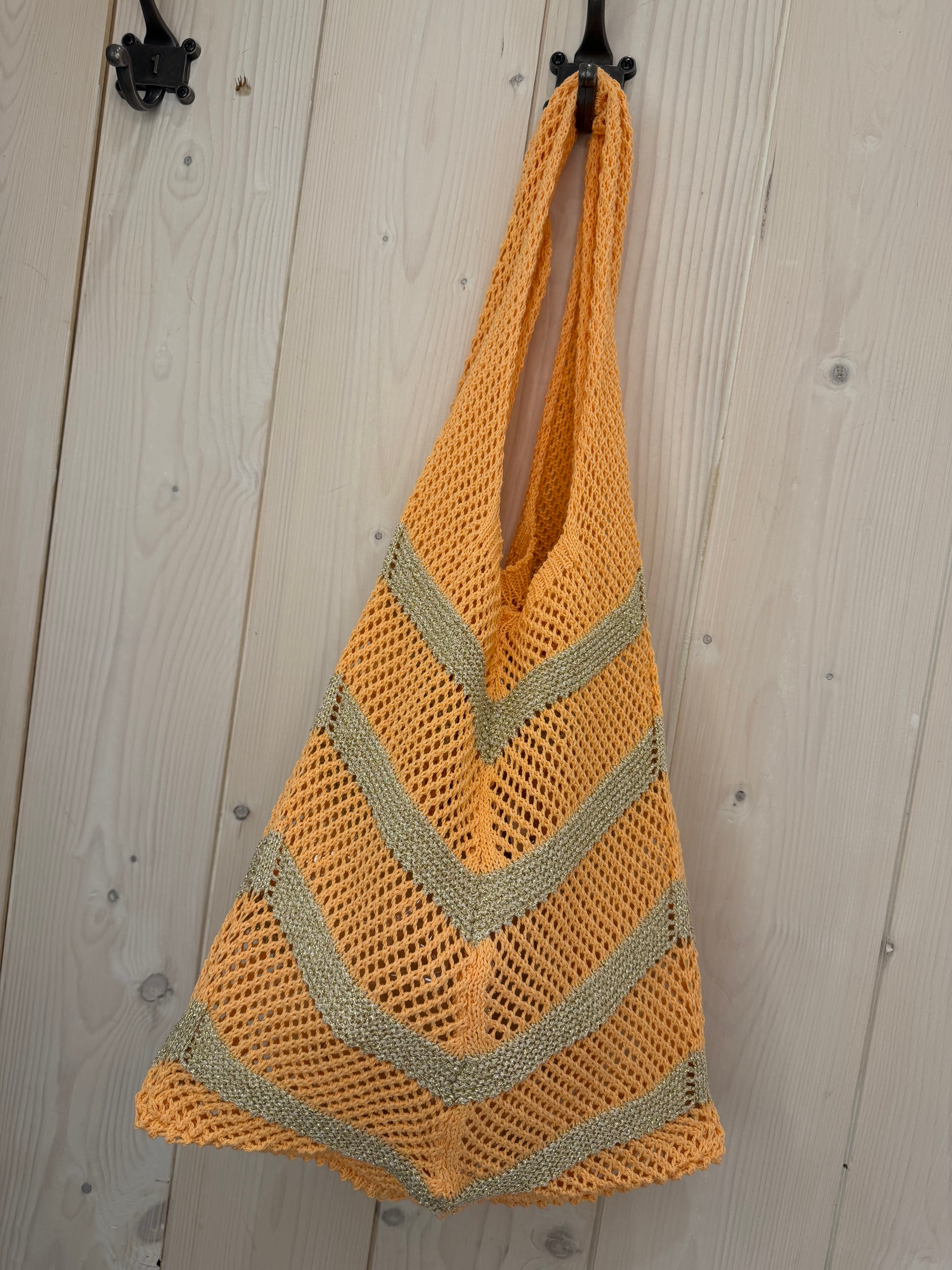 Coral/Gold Striped Crochet Bag