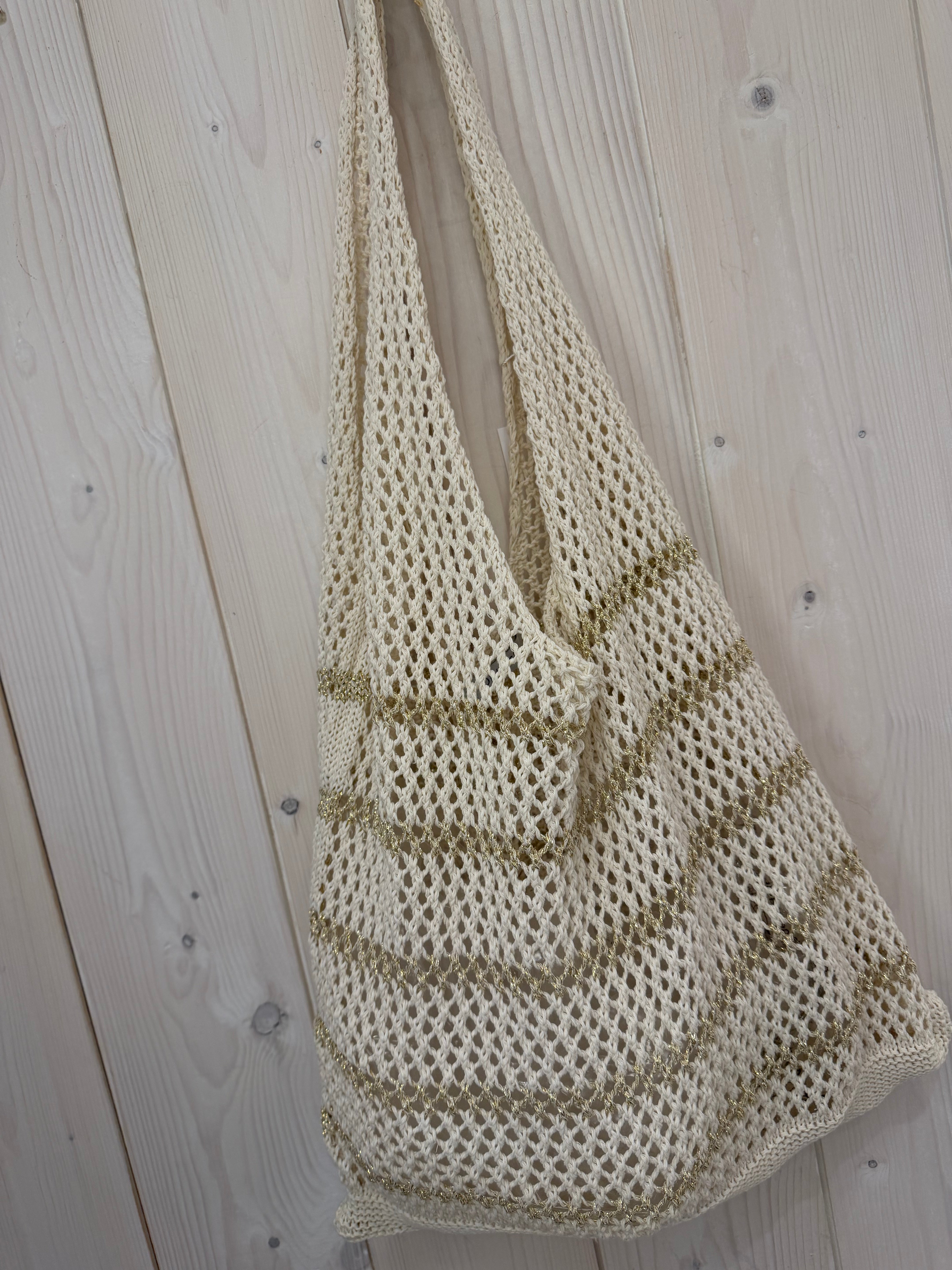 Cream/Gold Striped Crochet Bag