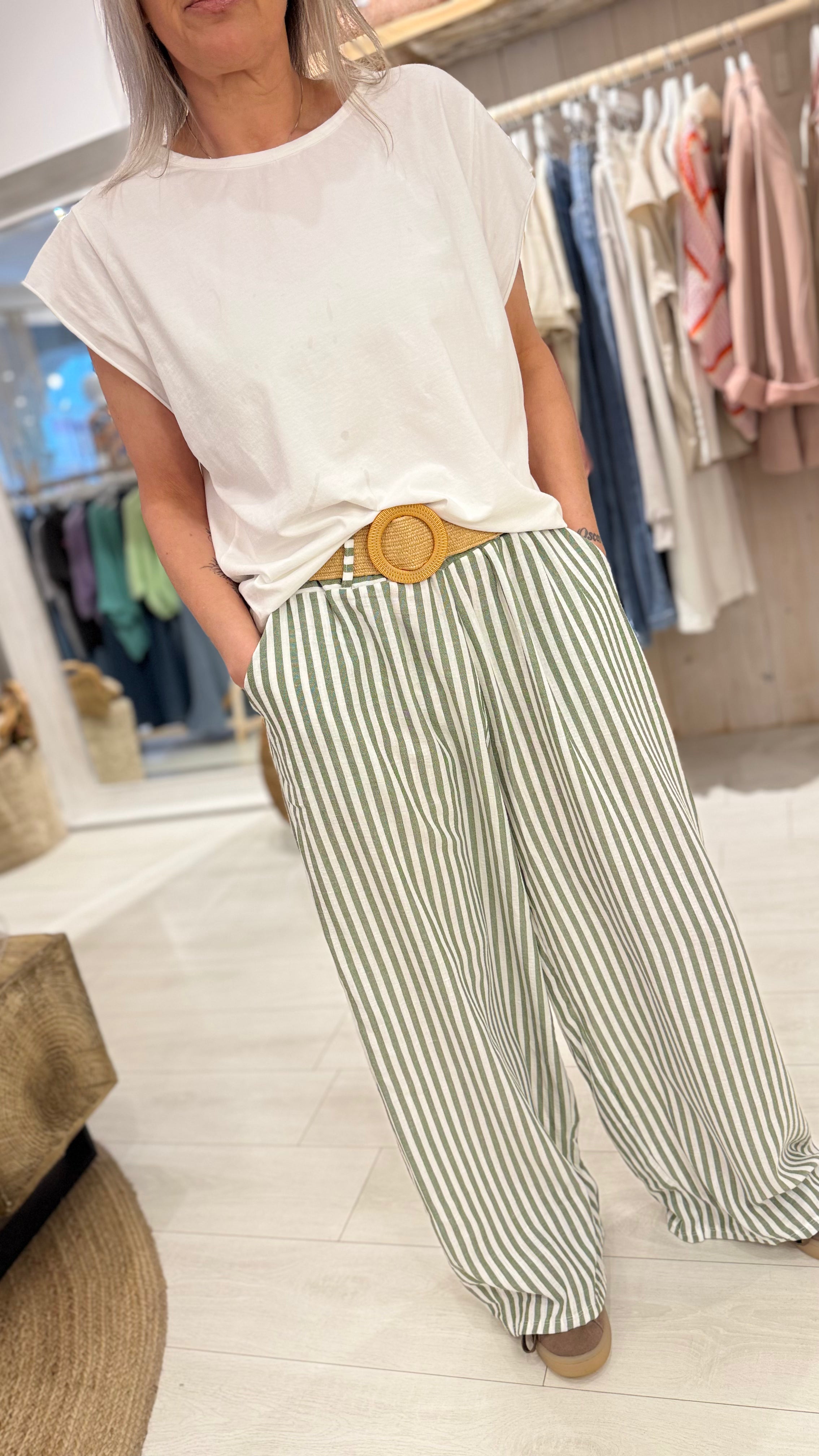 Belted Striped Wide Legs