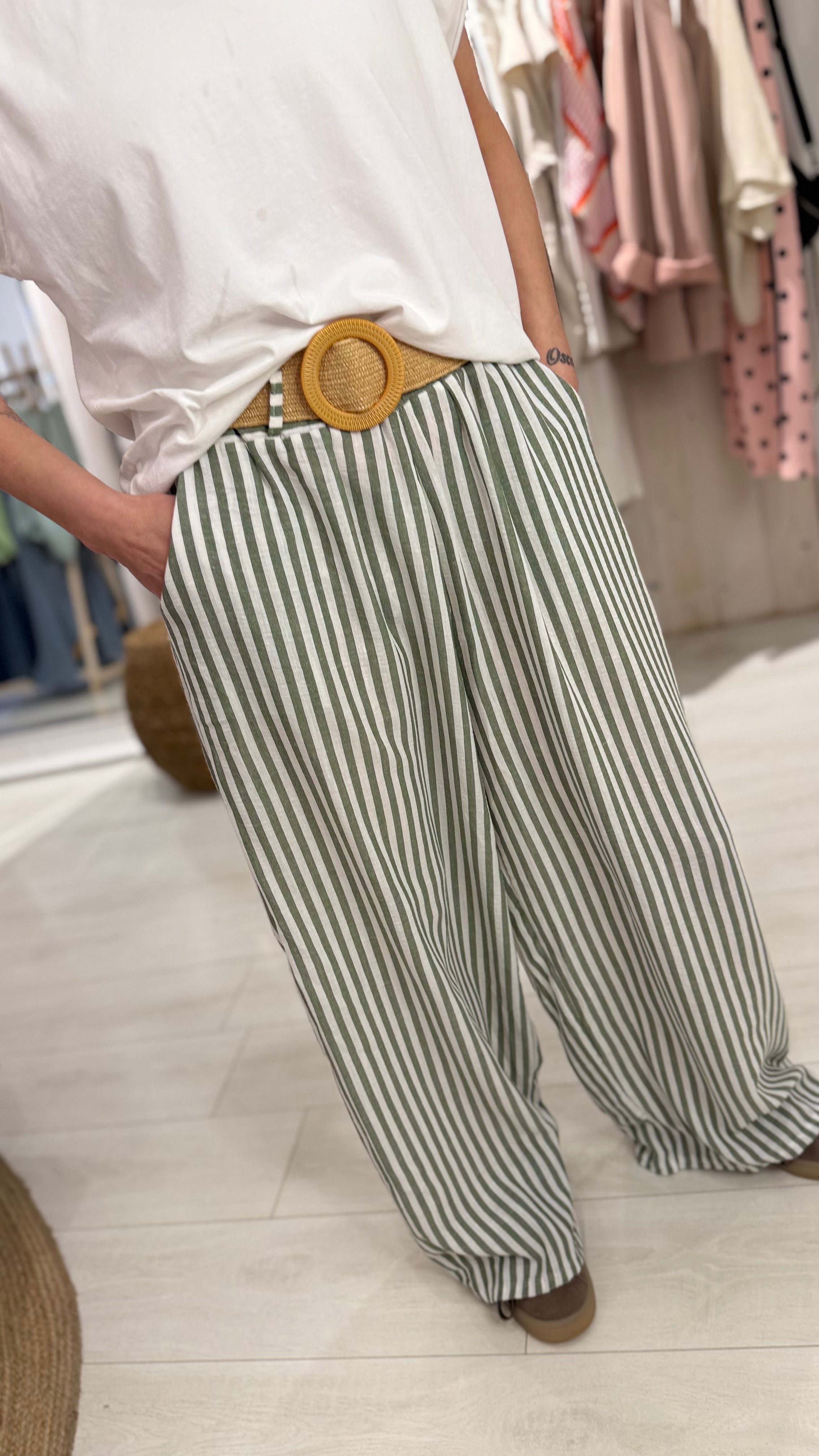 Belted Striped Wide Legs