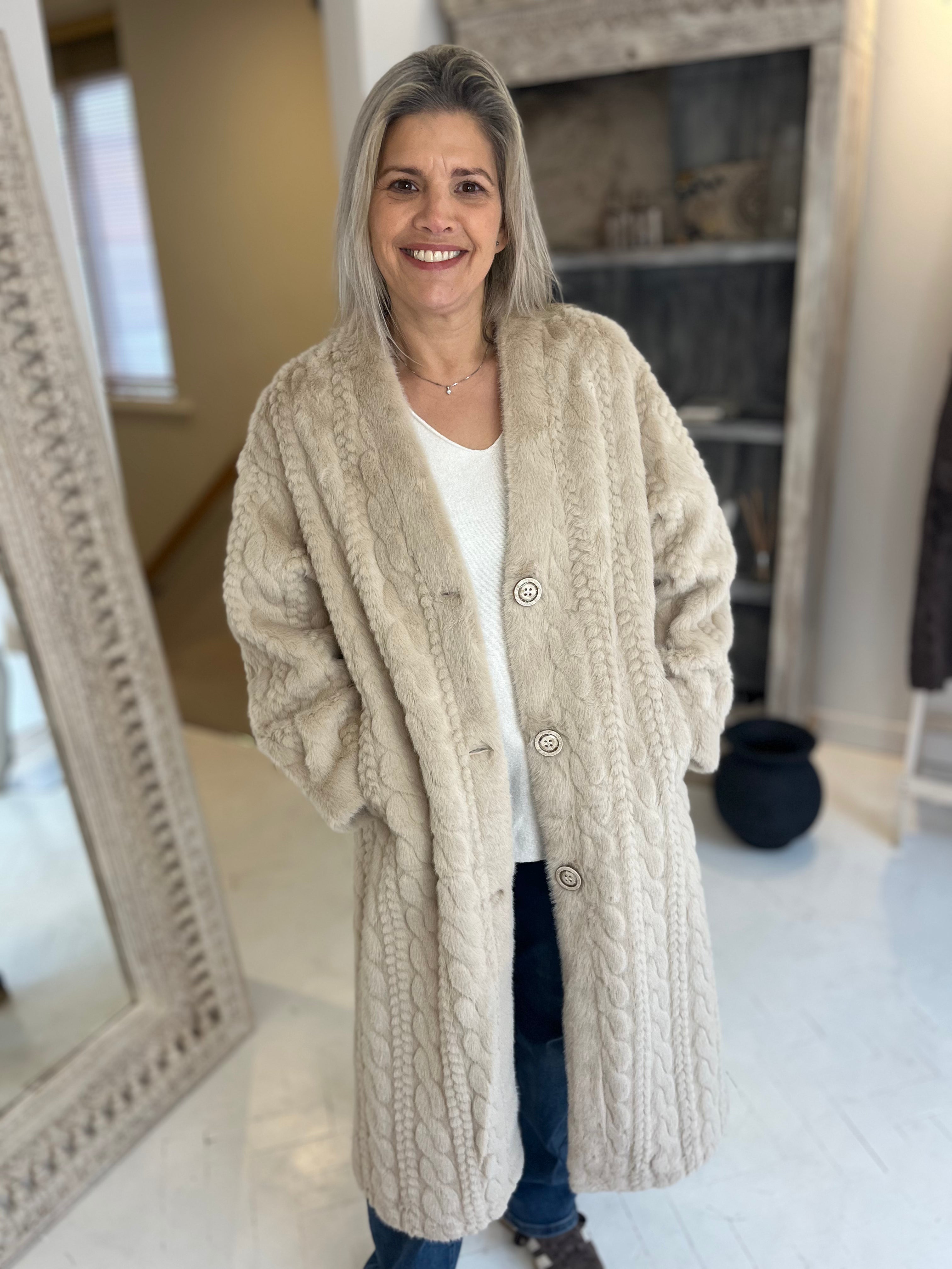 Cable Faux Fur Long Cardigan