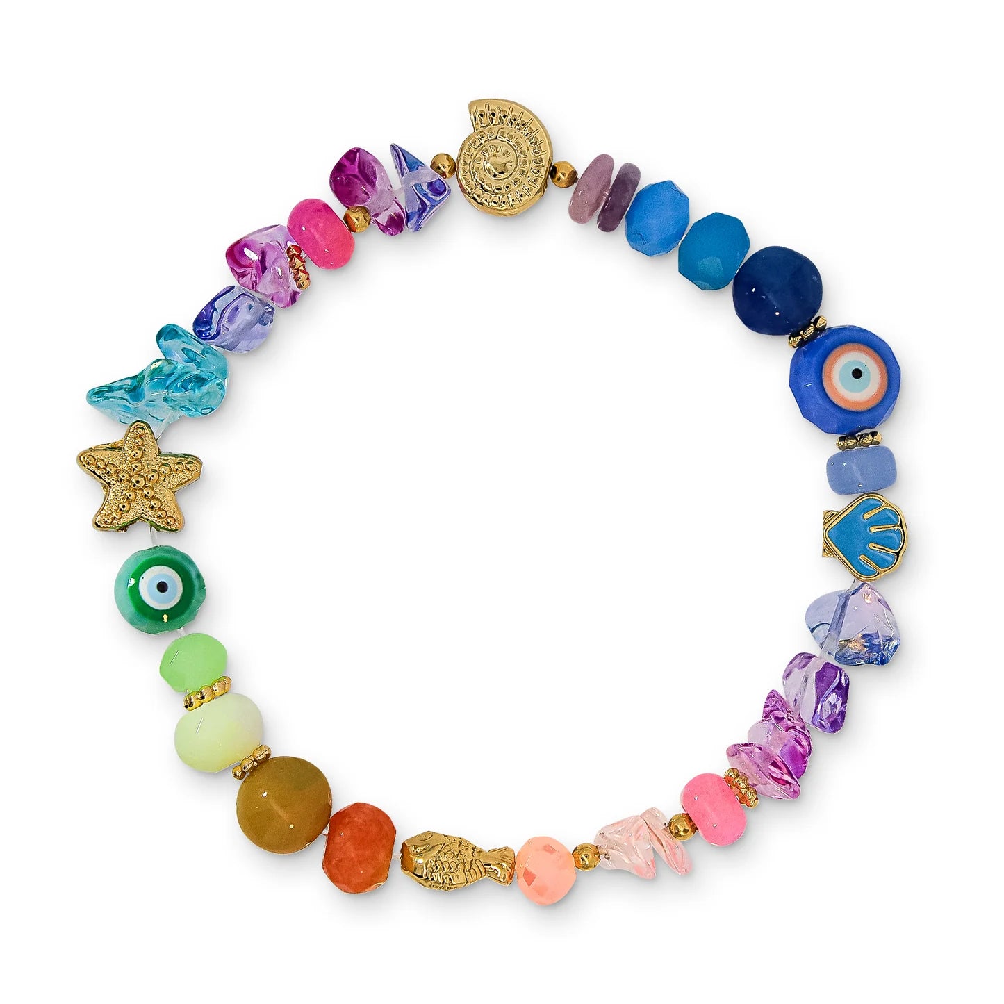 Multicoloured Rainbow Natural Stone and Glass Beaded Charm Bracelet