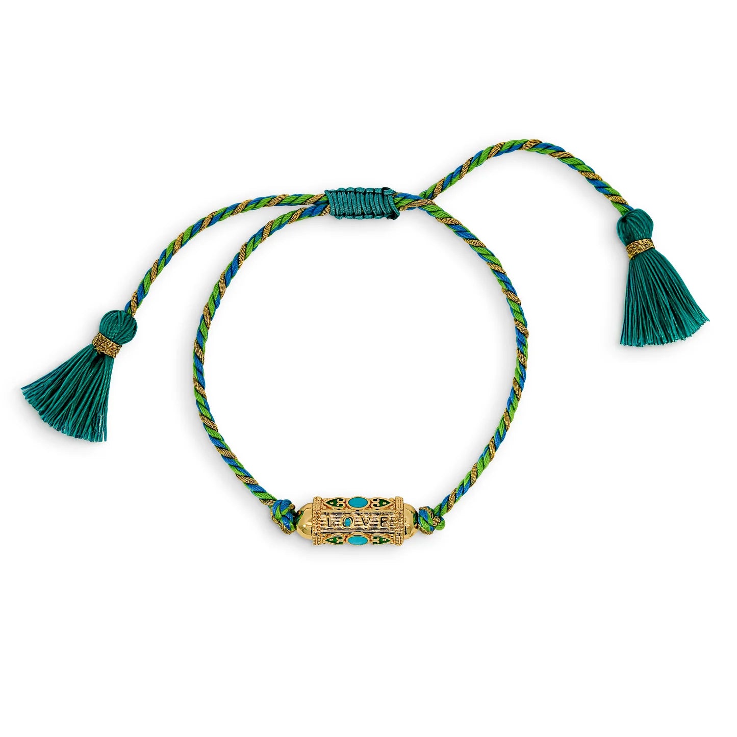 Blue & Green Love Charm Plaited Cord Bracelet with Tassels