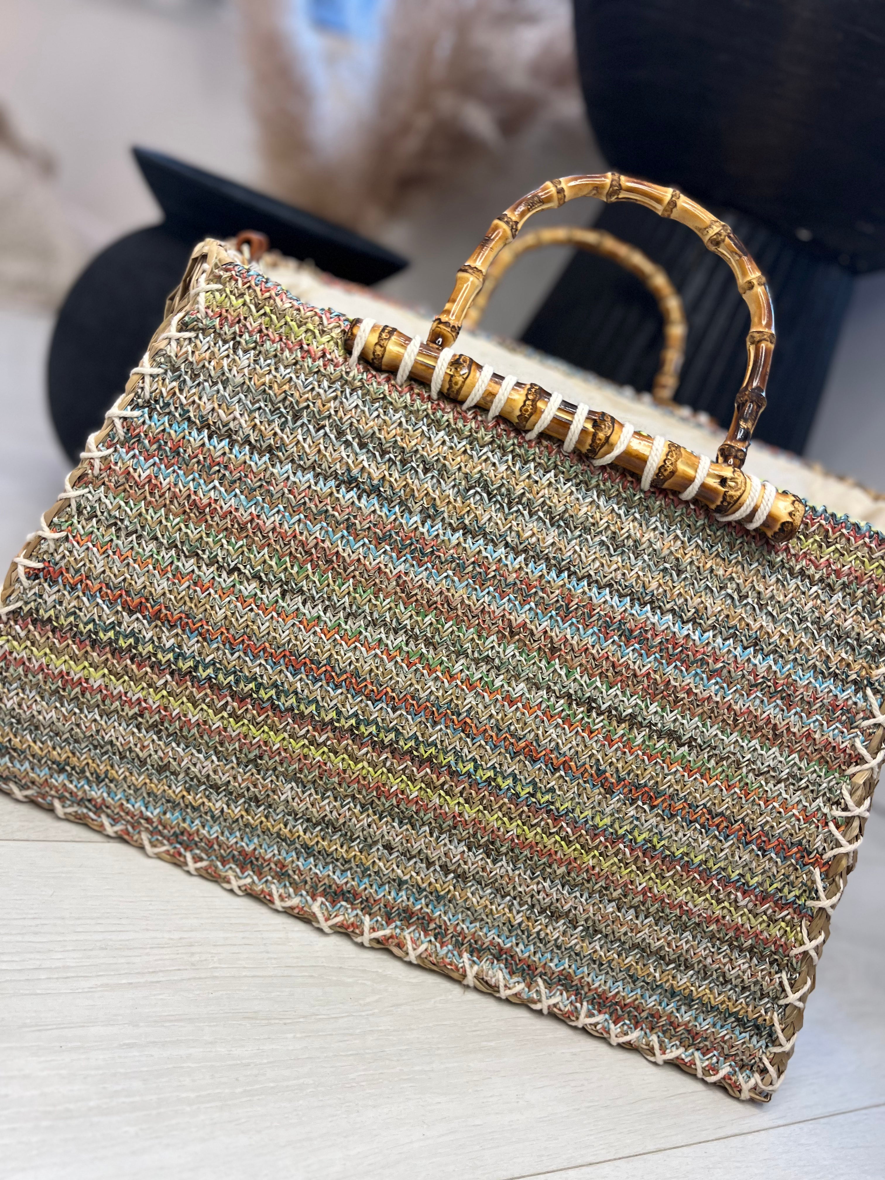 Abi Bamboo Strap Woven Oversized Tote