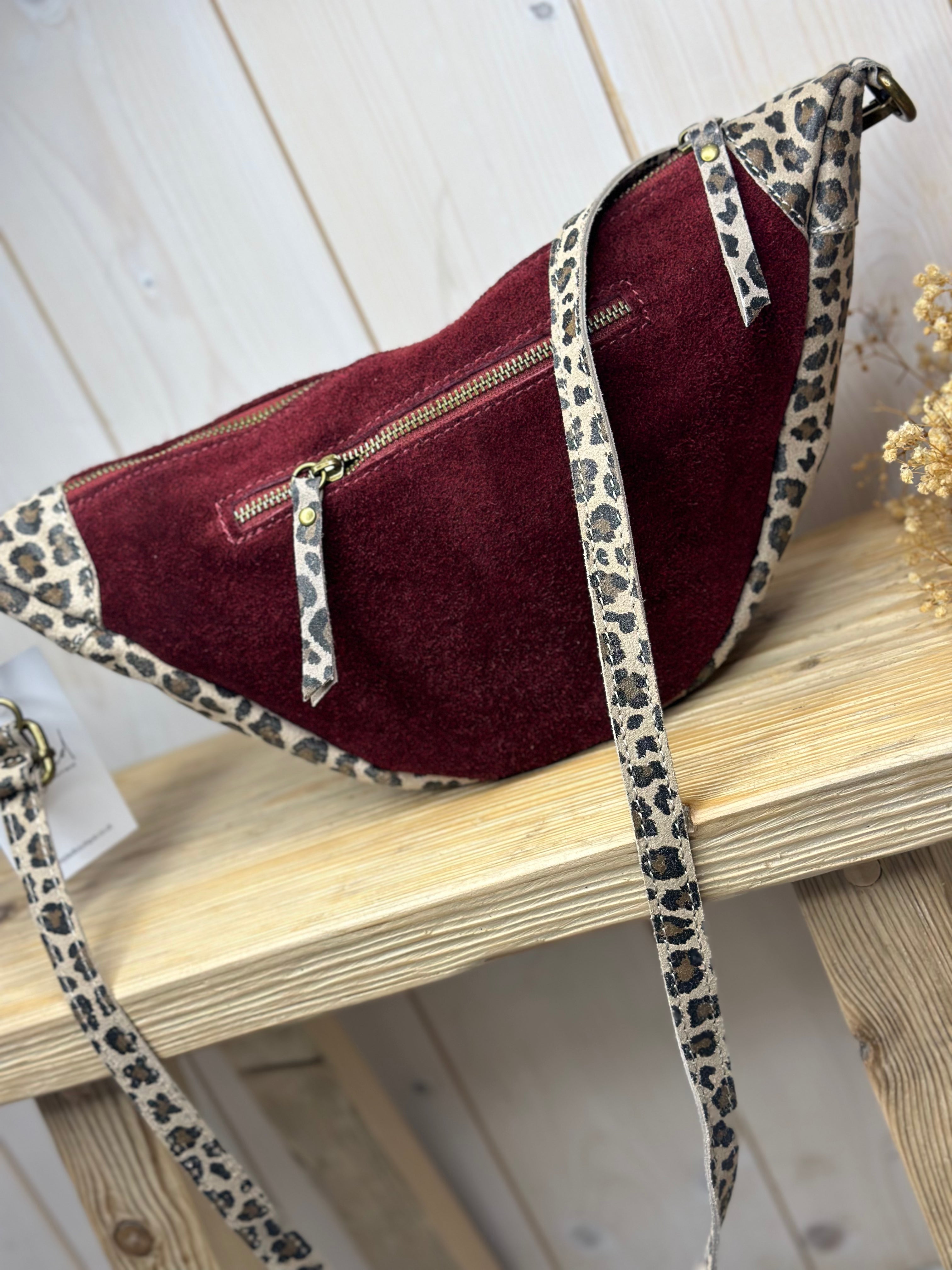 Leopard Suede Half Moon Bag
