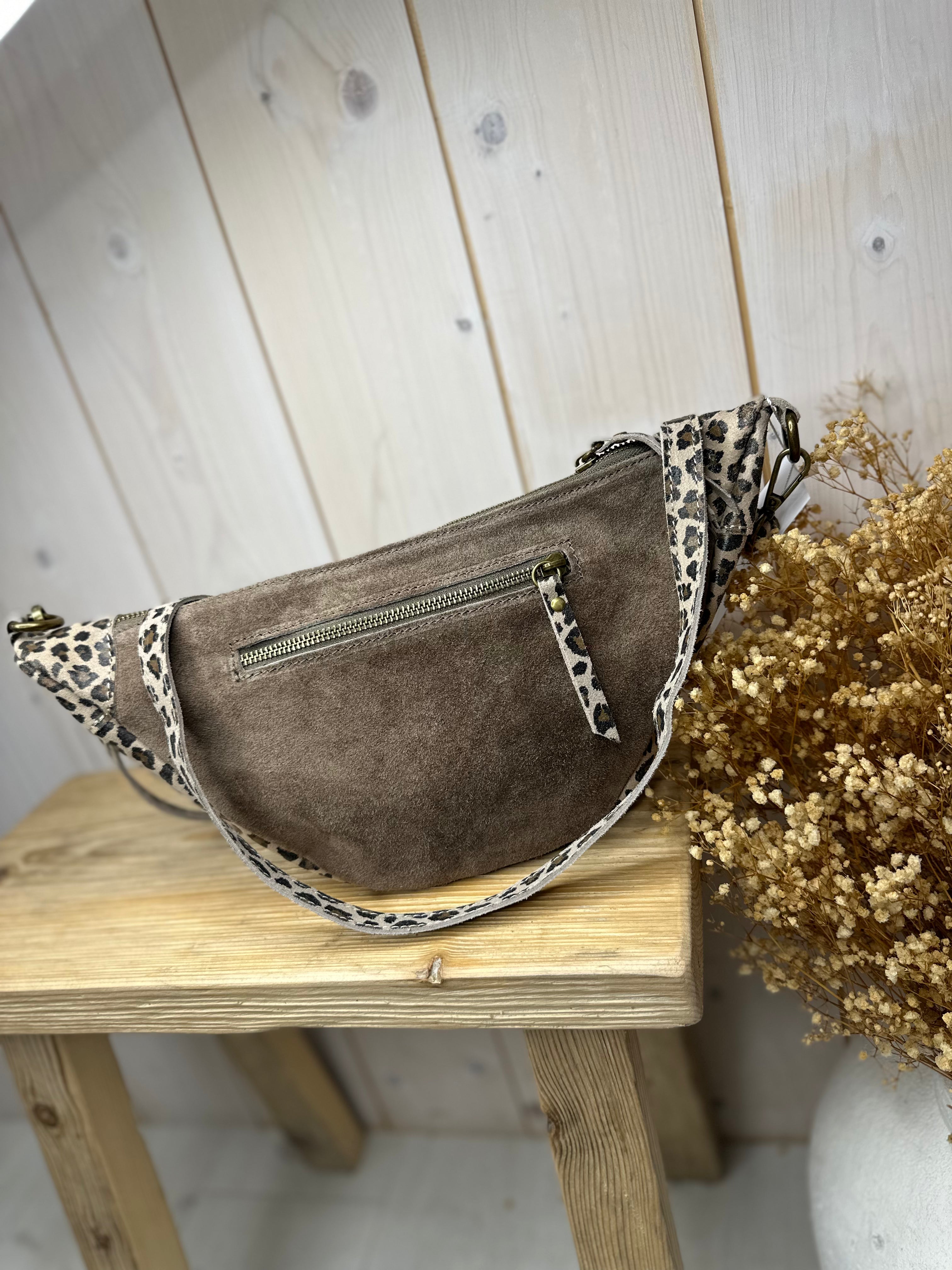 Leopard Suede Half Moon Bag