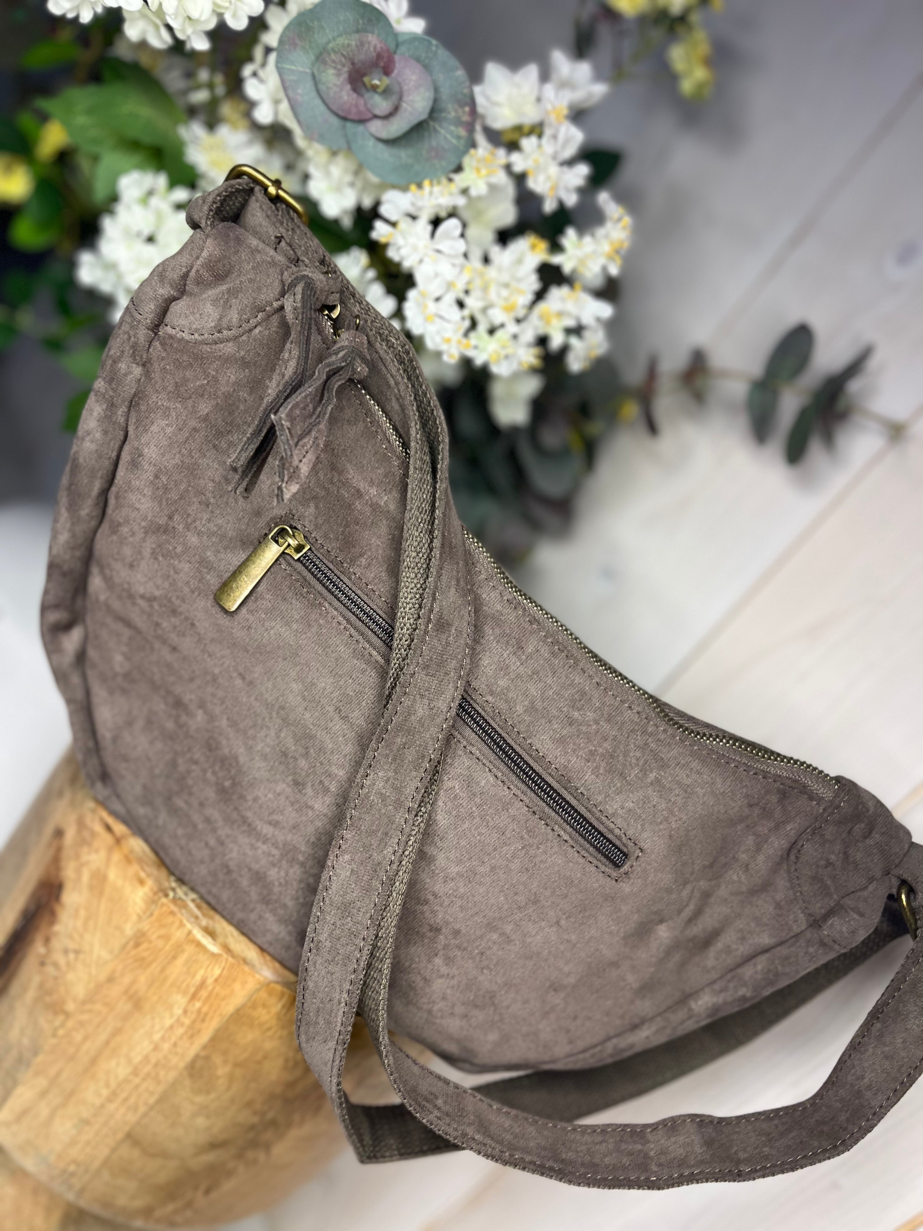 Faux Suede Half Moon Crossbody Bag