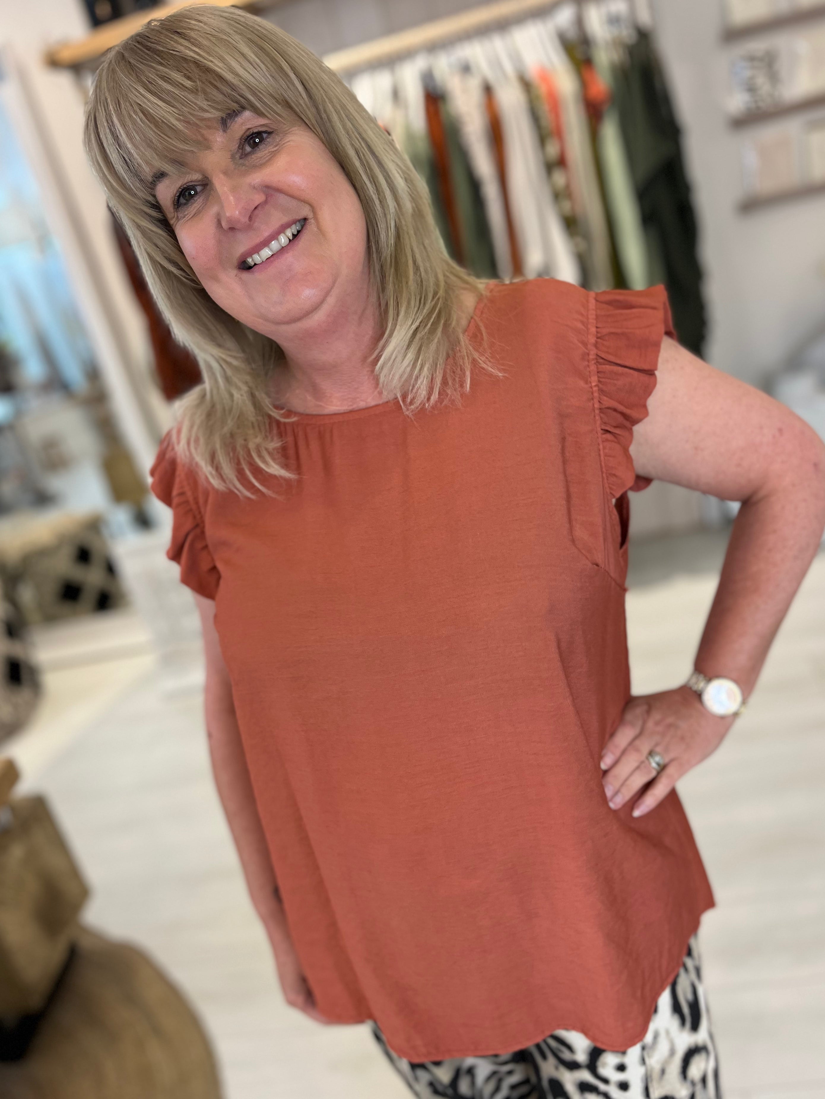 Frill Sleeve Button Back Top