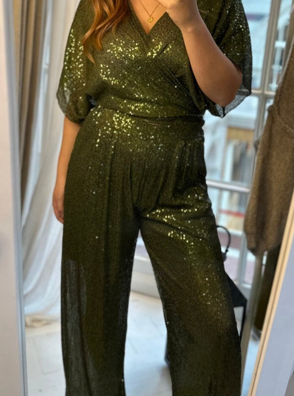 Sequin Pleat Fronted Wide Leg Trousers