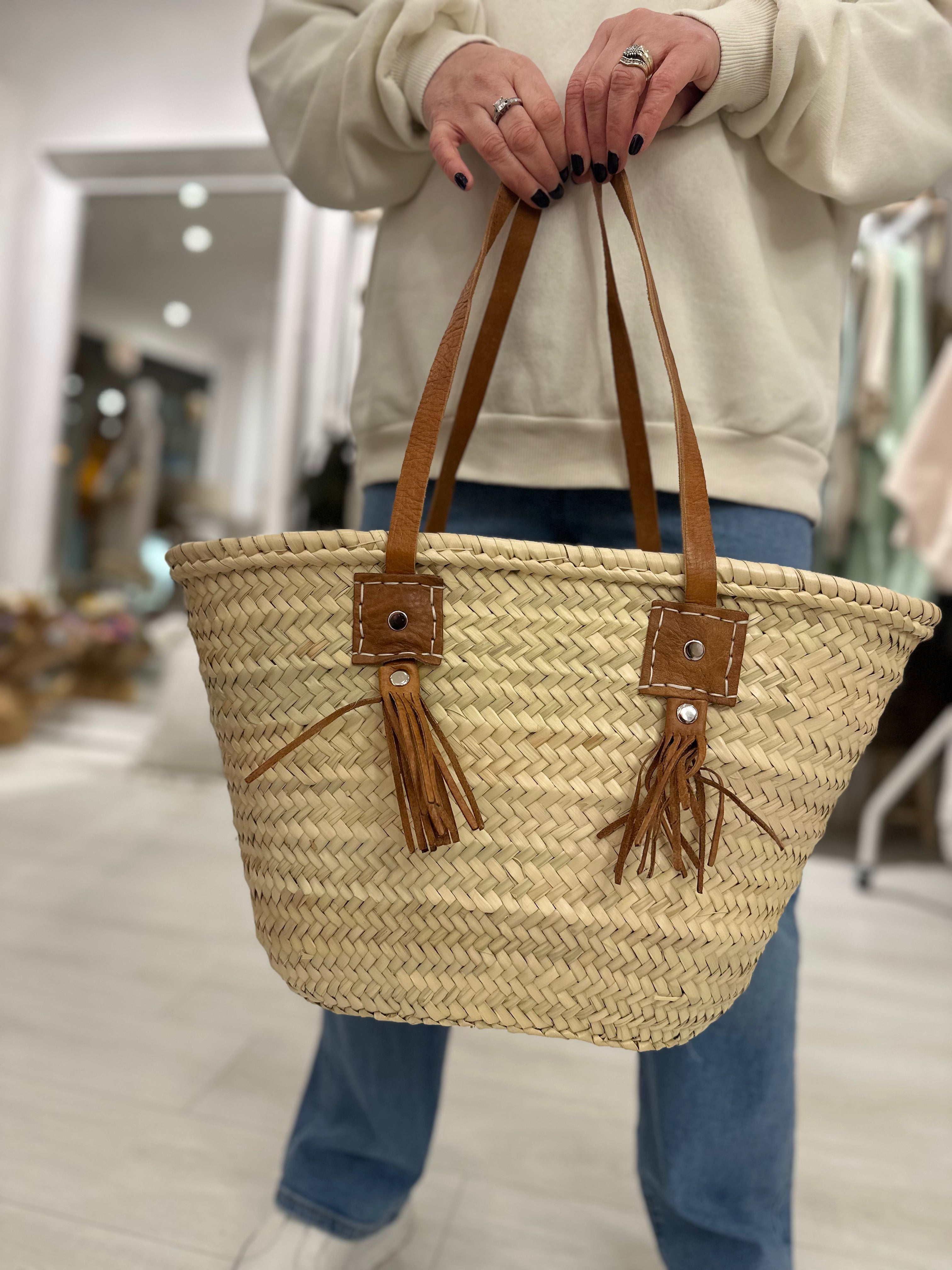 Moroccan Leather Tassel Rattan Bag