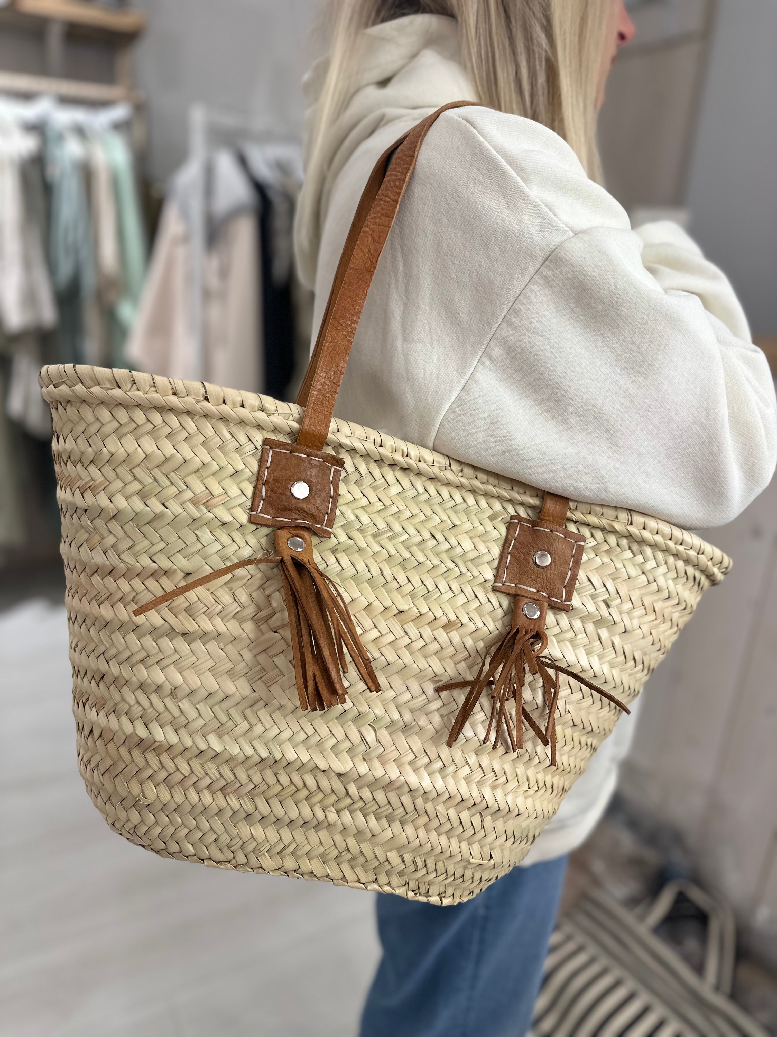 Moroccan Leather Tassel Rattan Bag