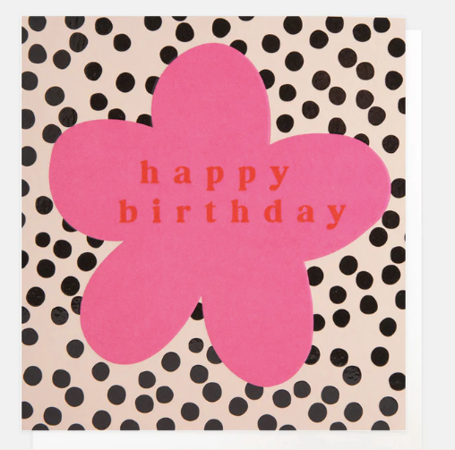 HAPPY BIRTHDAY PINK FLOWER ON DOTTY CARD