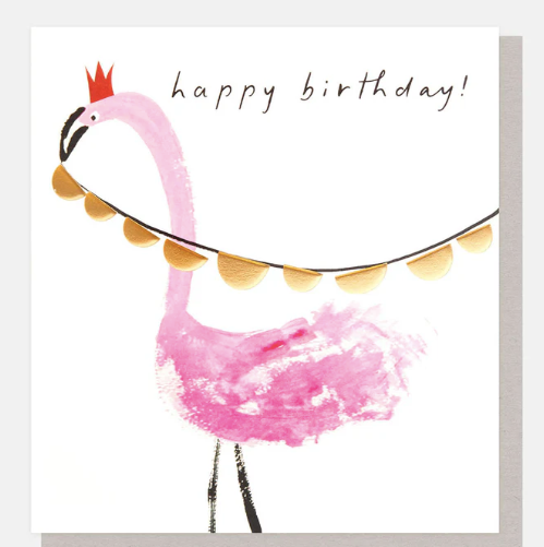HAPPY BIRTHDAY FLAMINGO WITH CROWN AND BUNTING