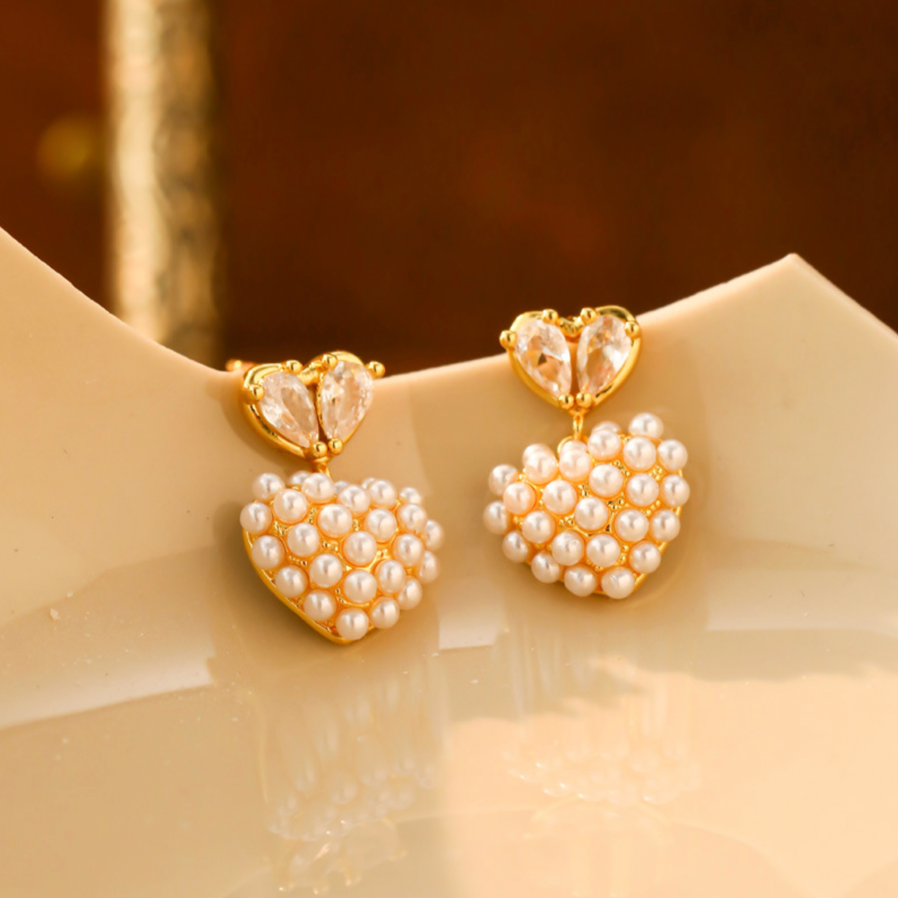 Crystal and pearl heart drop earrings