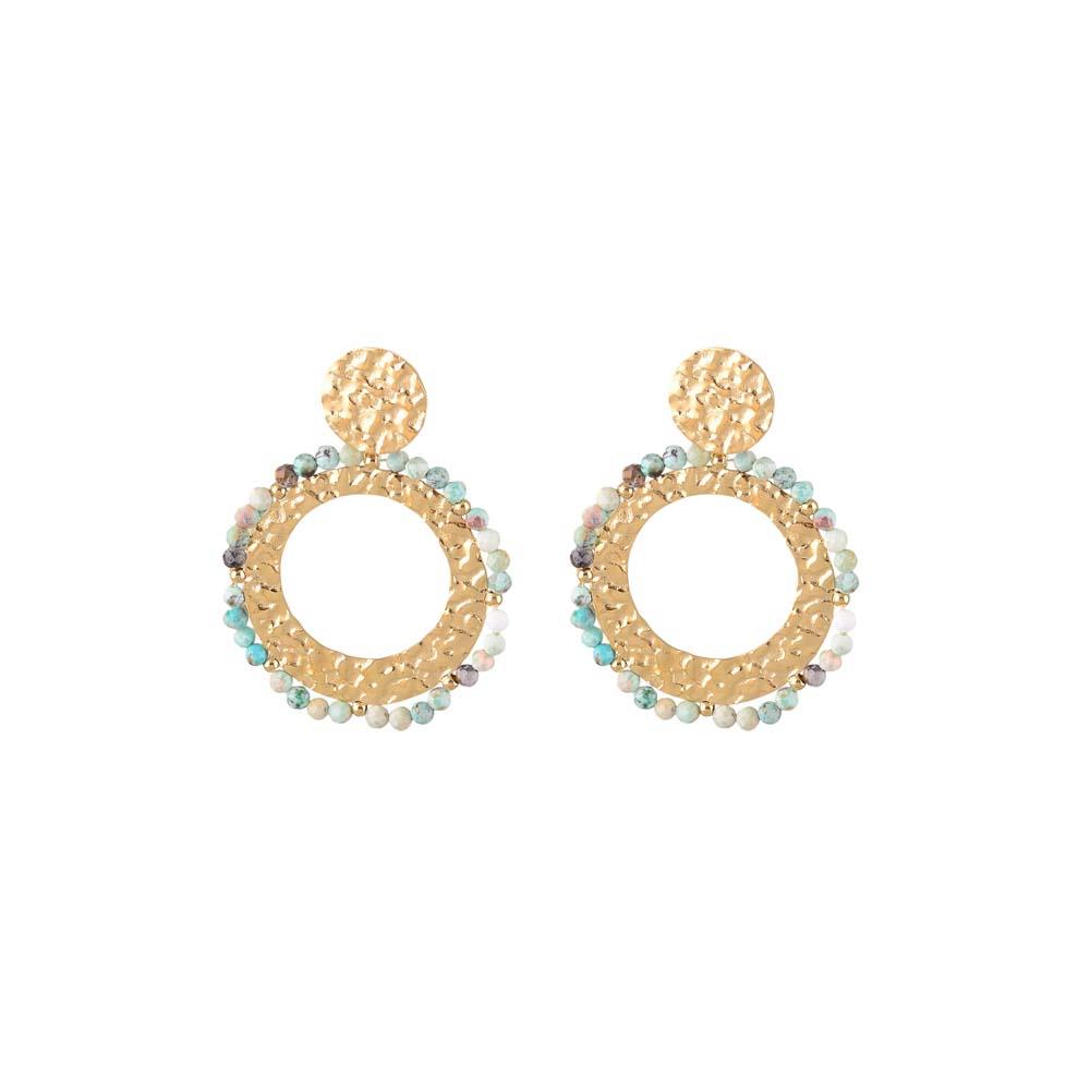 Hammered twin hoop earring with natural stone beads