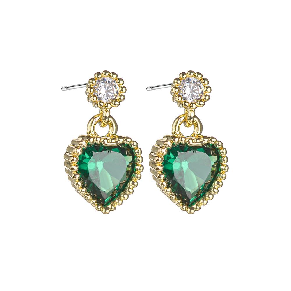 Stud & heart drop earring in emerald & gold