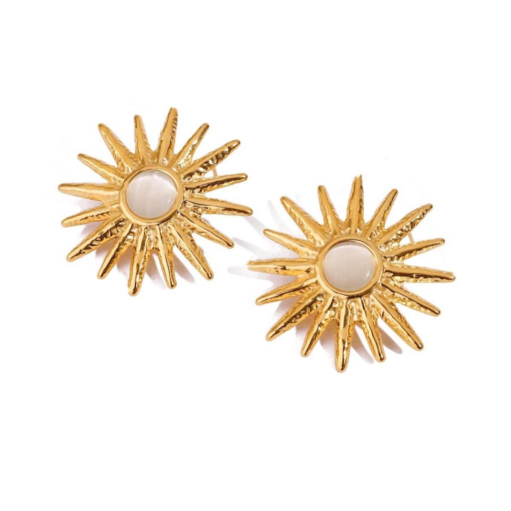 Gold Oversized natural stone sunburst earring