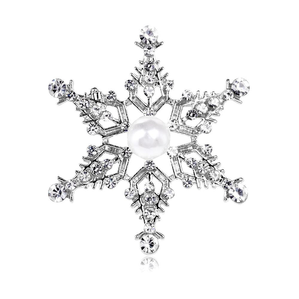 Crystal open detail snowflake brooch in silver