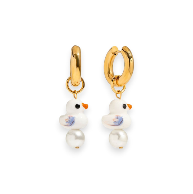 Ceramic Duck and Pearl Pendant Earrings
