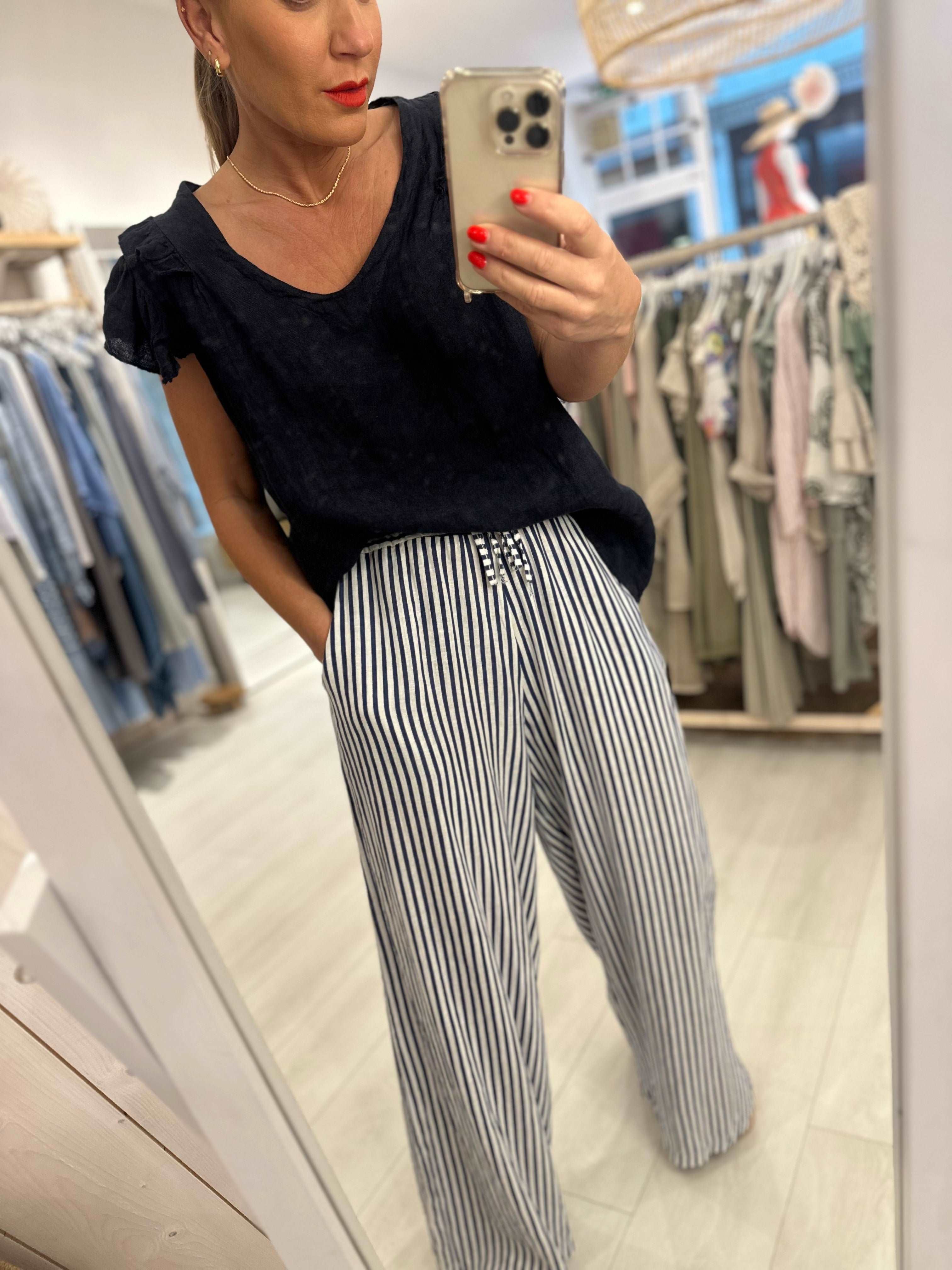 Linen Striped Wide Leg Trouser