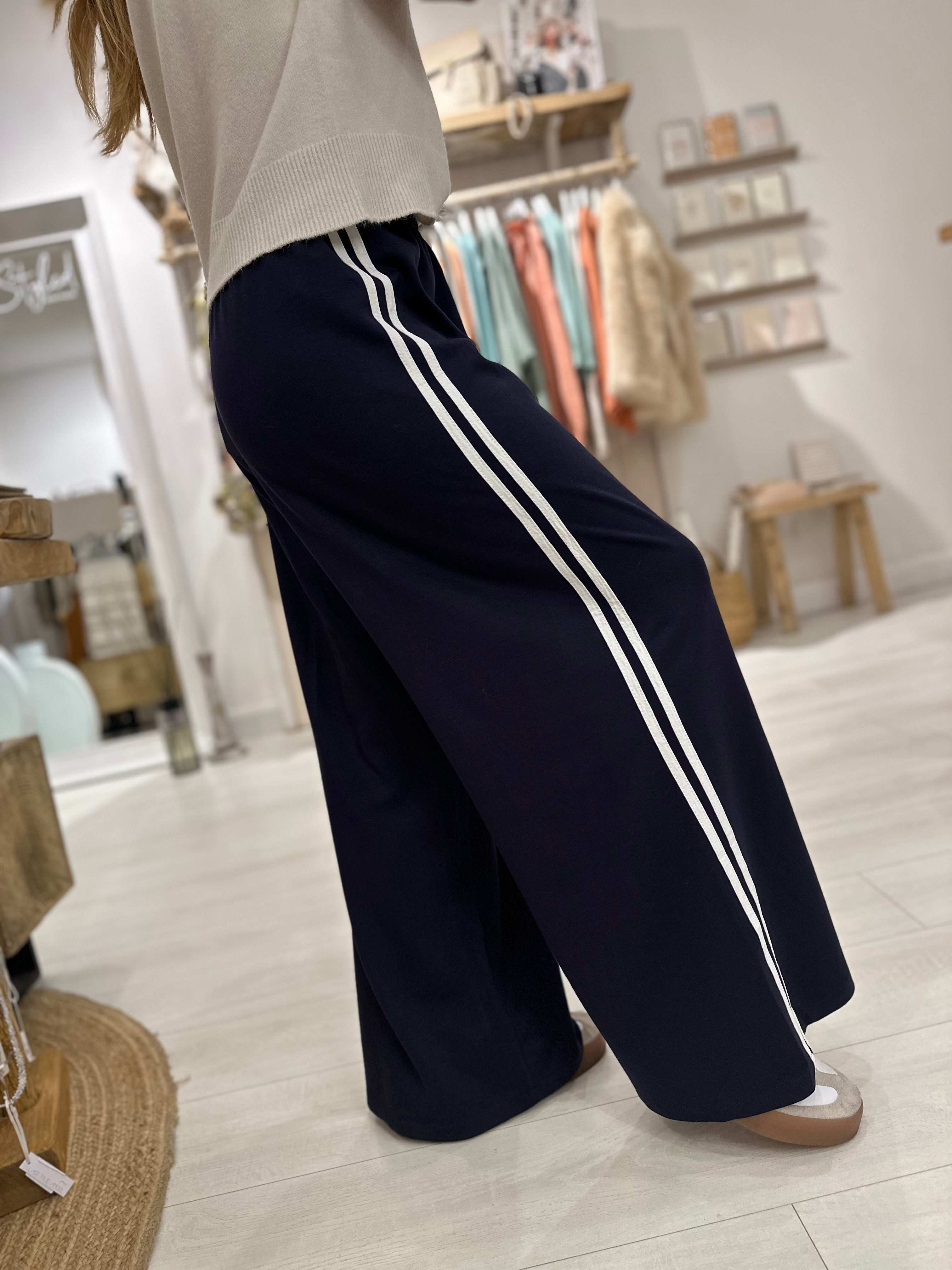 Side Stripe Wide Leg Trousers Navy