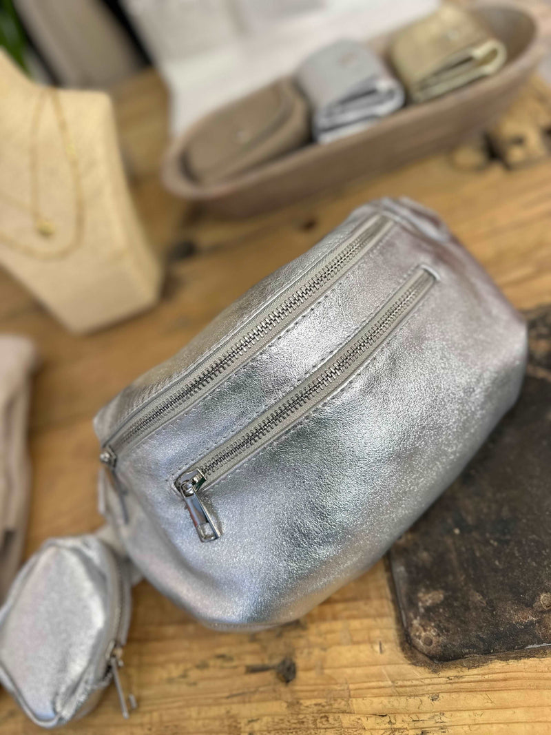 Leather Double Zip Bum Bag - Attachable Purse
