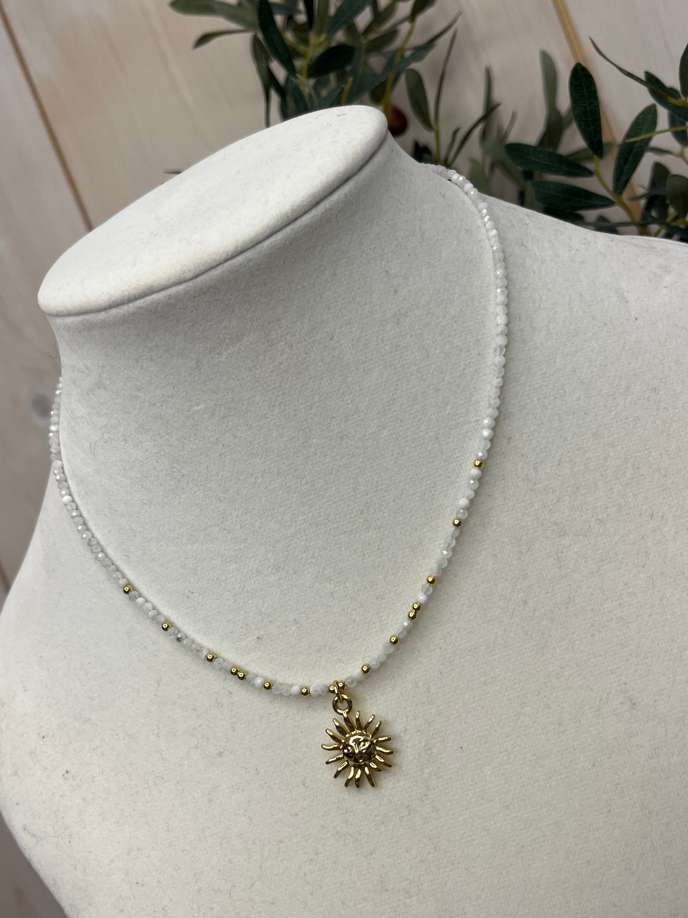 White Beaded Gold Sun Necklace