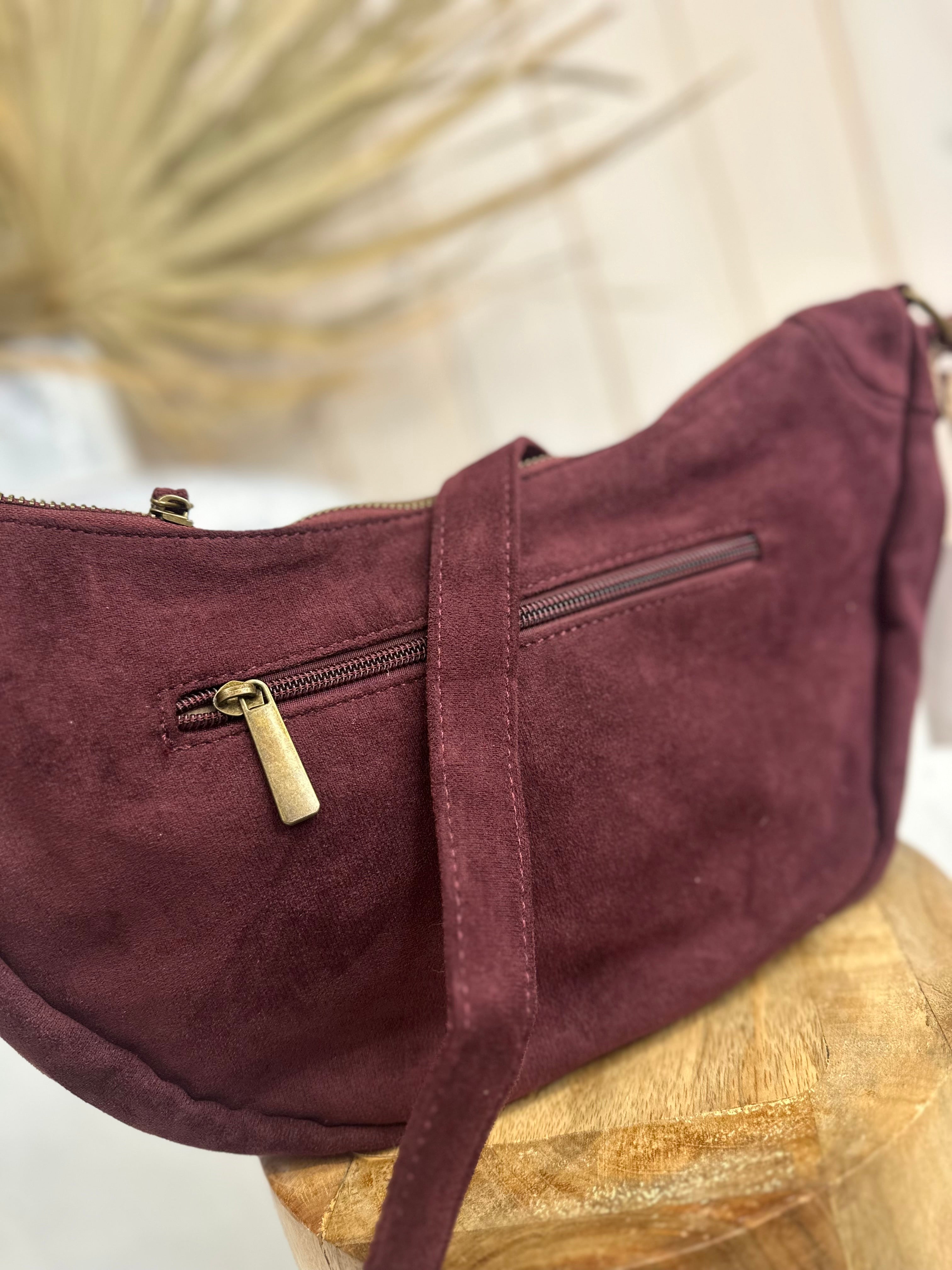 Faux Suede Half Moon Crossbody Bag