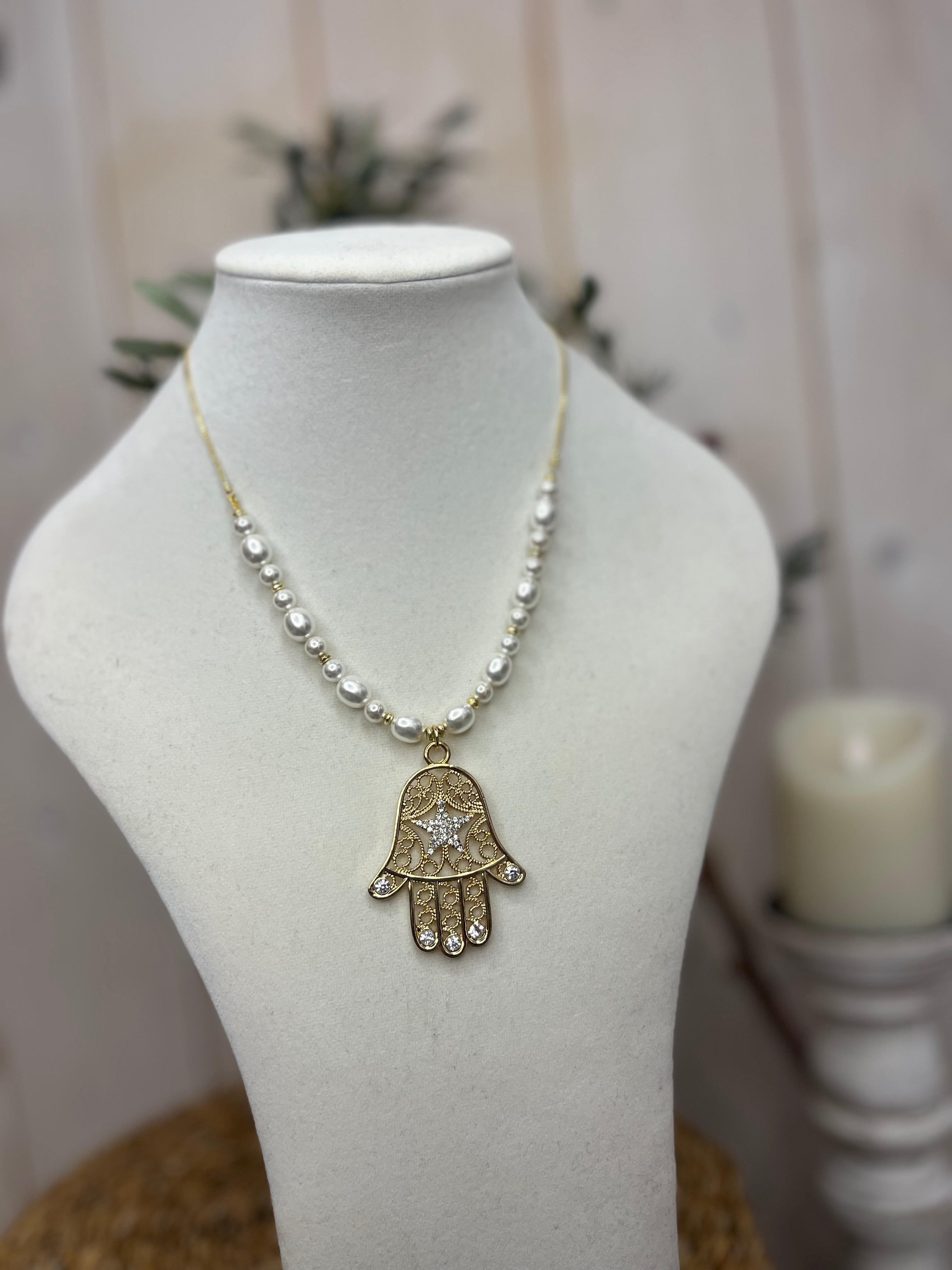 Beaded Pearl & Gold Hamza Necklace