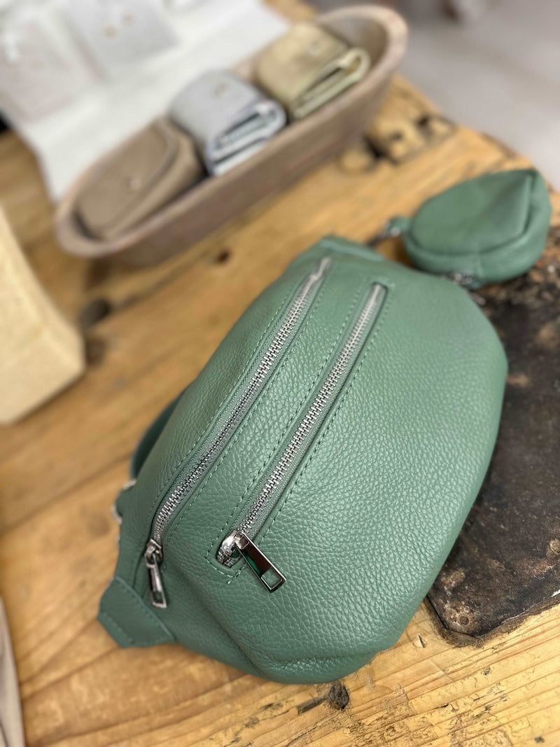 Leather Double Zip Bum Bag - Attachable Purse