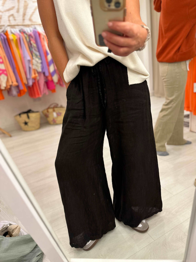 Alma Drawstring Linen Wide Trousers