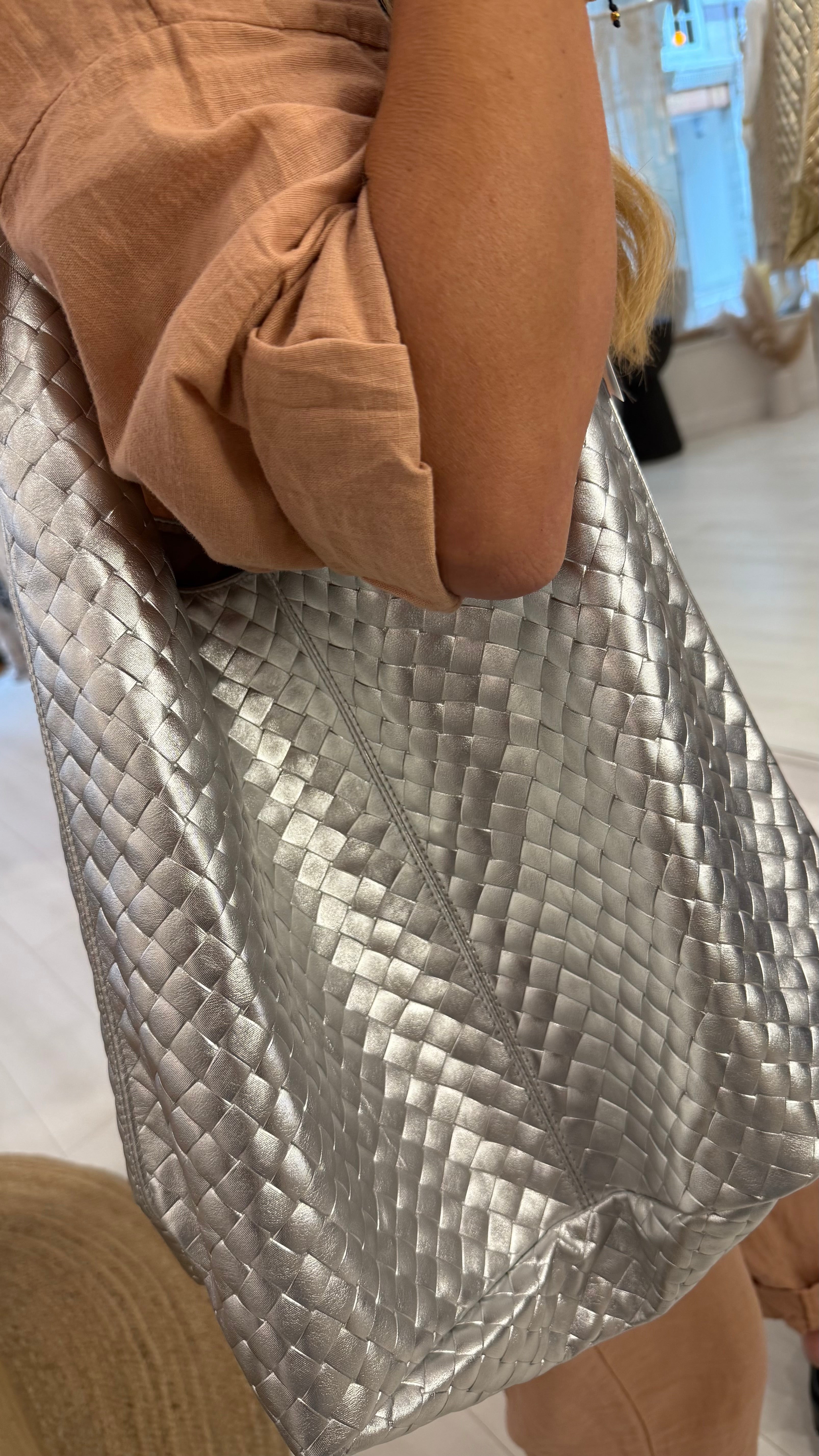 Oversized Woven Metallic Tote